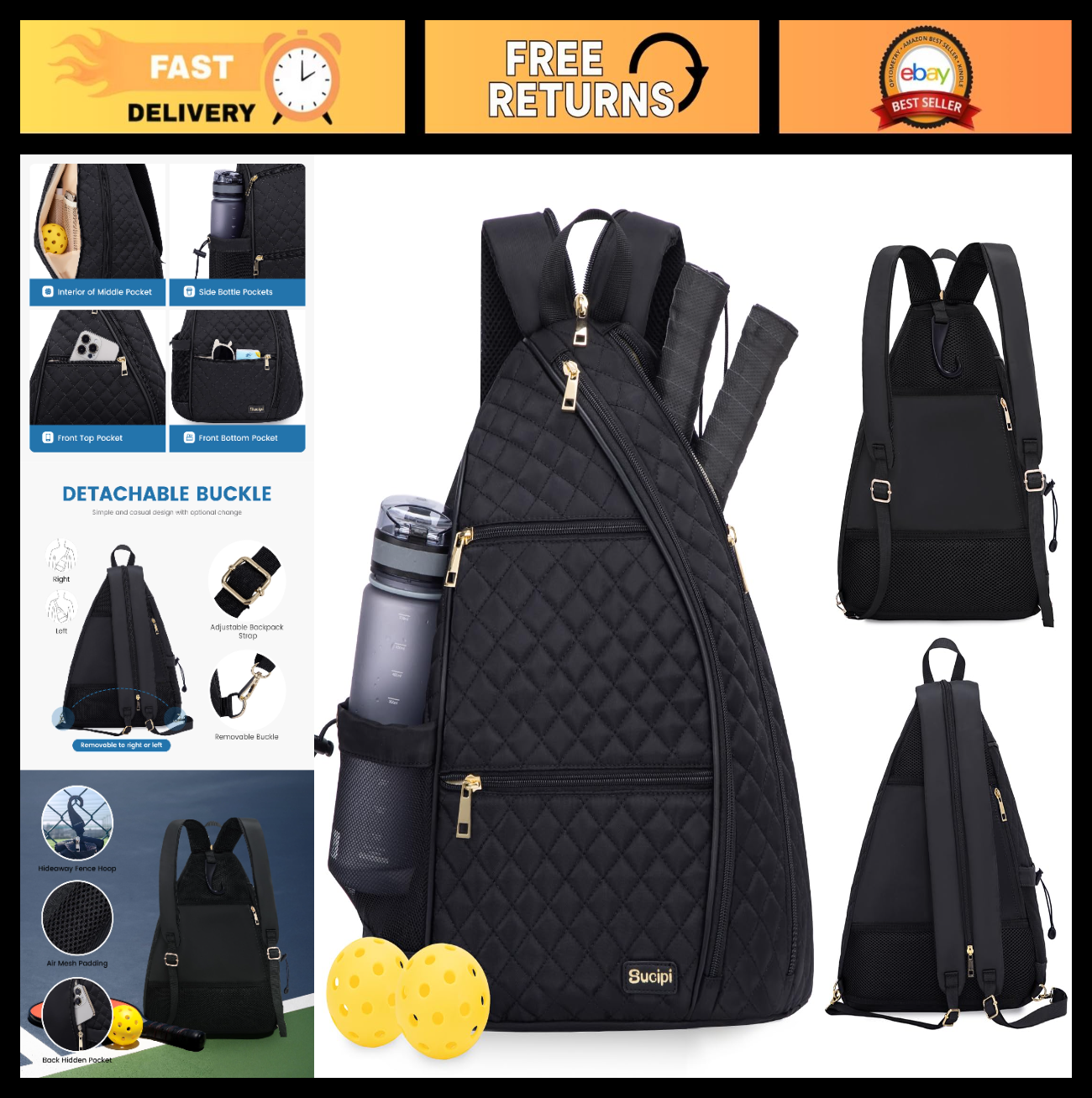 Quilted Pickleball Backpack Sling Bag for Women - Tennis & Paddle Carrier0