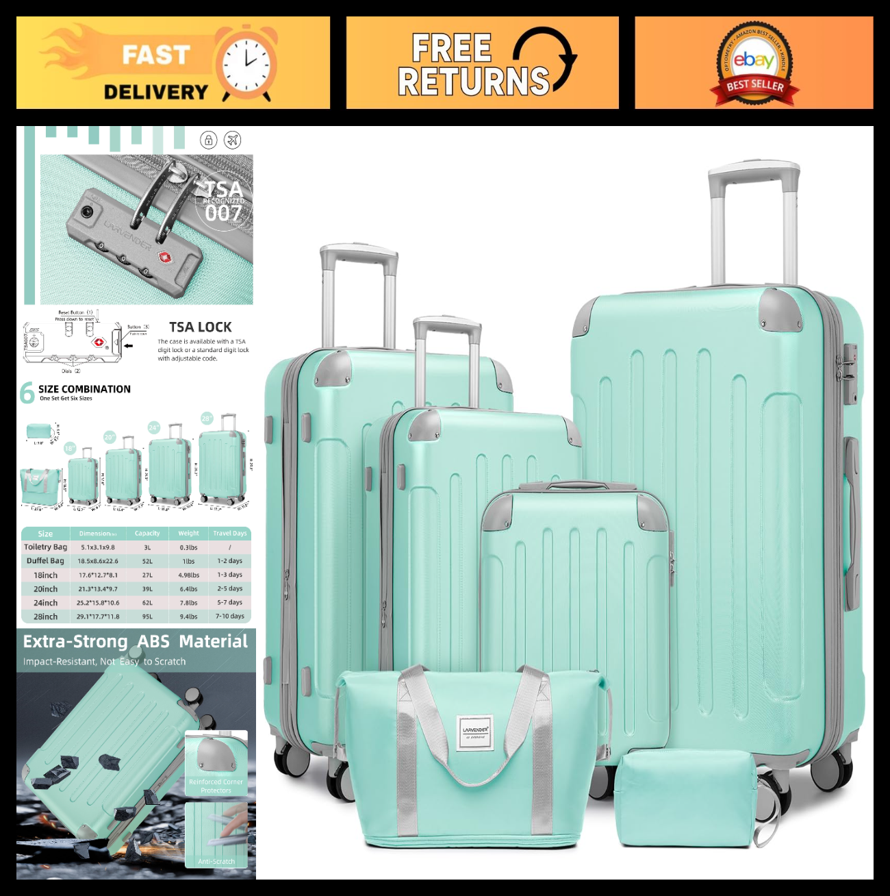 6-Piece Expandable Luggage Set with 360° Spinner Wheels & TSA Lock, Lightweight0