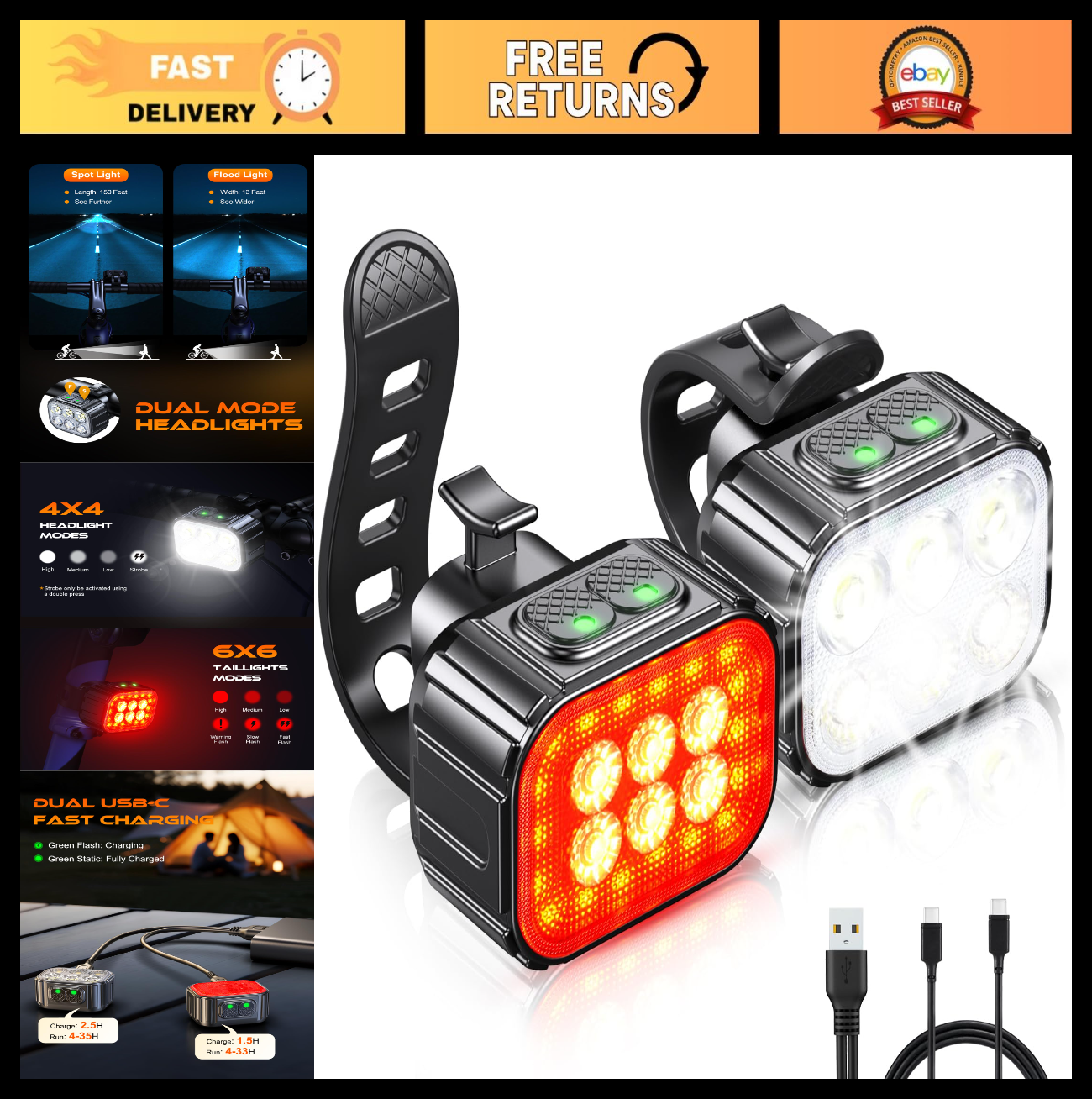 Super Bright Rechargeable Bike Lights Set   Waterproof, Multiple Modes, Long Bat0