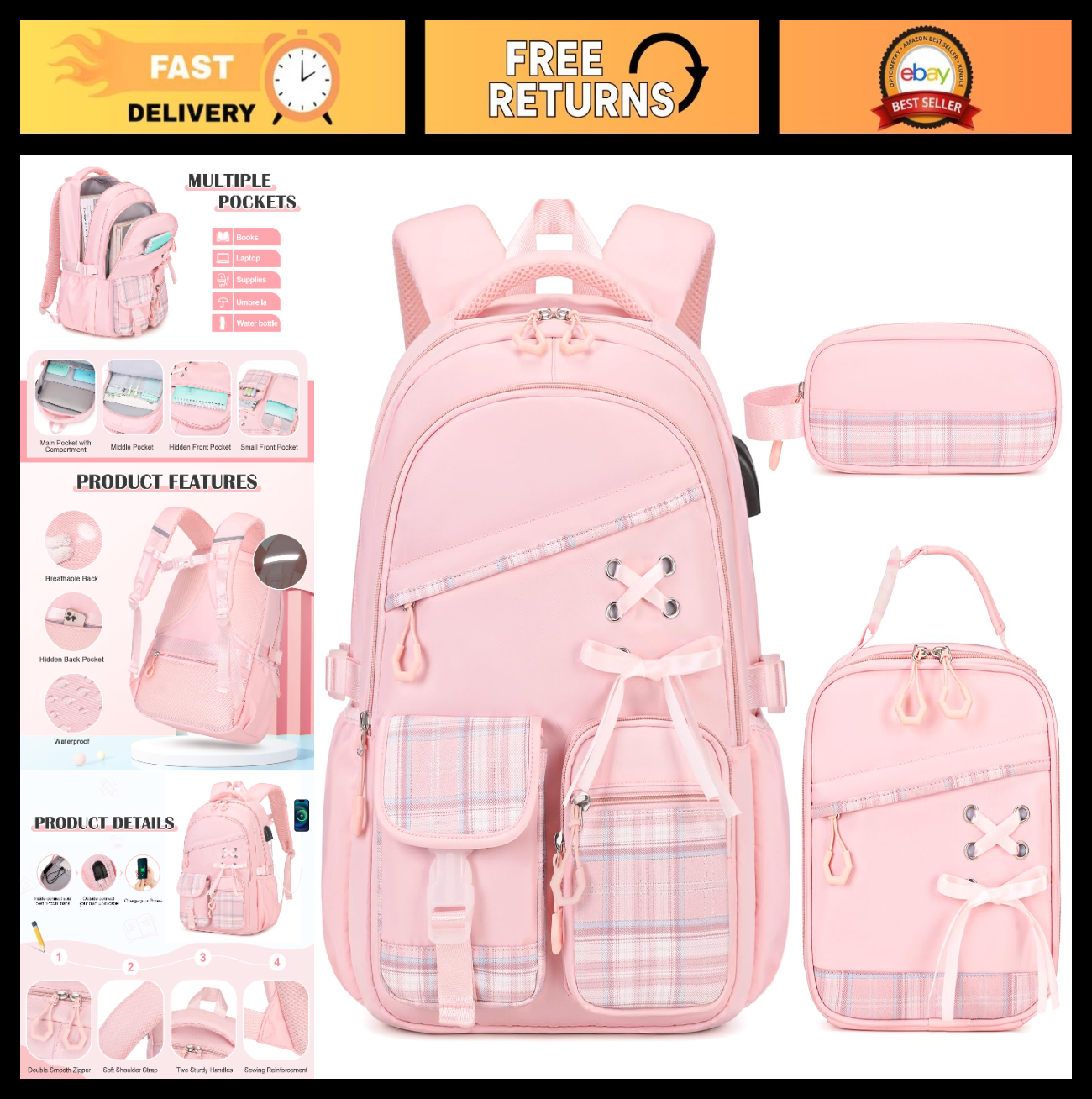 3PCS Girls School Backpack Set with Lunch Box & Pencil Pouch   Stylish & Durable0