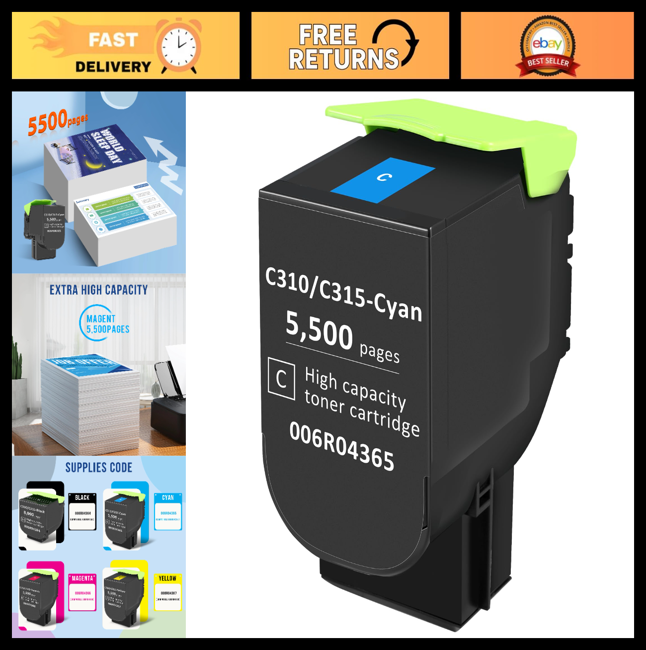 Cyan Toner Cartridge for Xerox C310 C315 - Extra High Capacity, 5500 Pages, Comp0