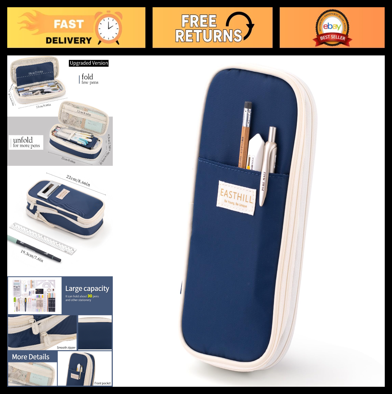 Large Capacity Pencil Case, Big Pencil Pouch, Stationery Bag for Teens   Navy0