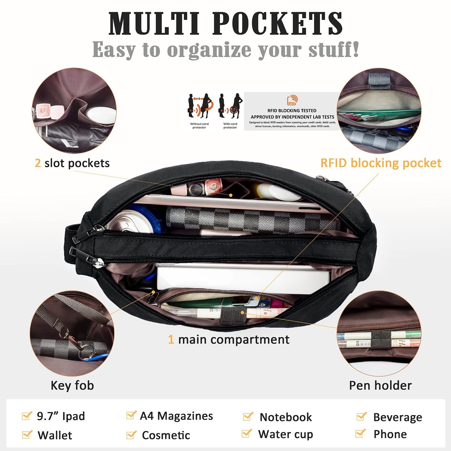 Multi Pocket Crossbody Bag for Women - RFID Fabric Nylon Travel Handbag6