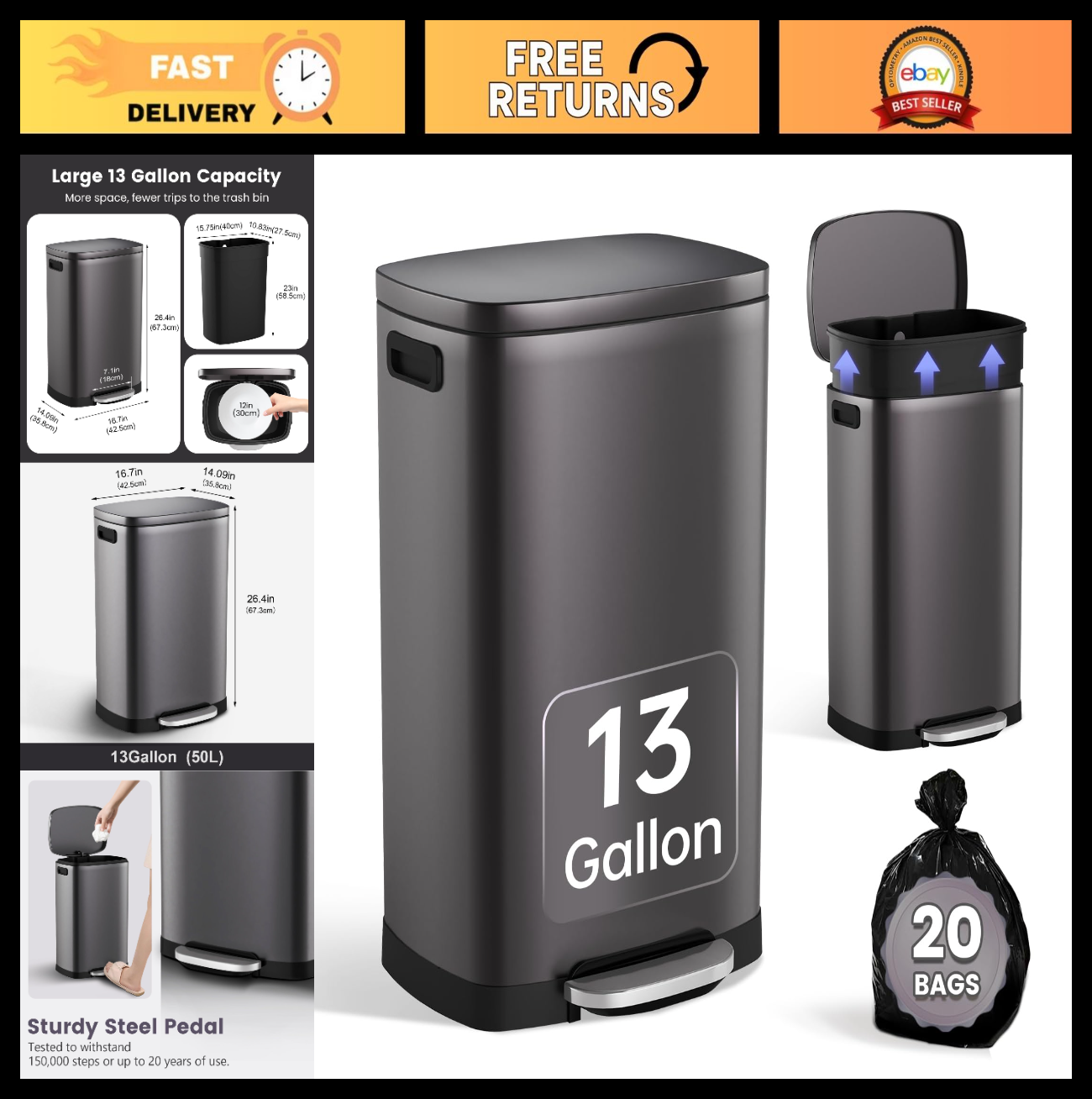 Stainless Steel 13 Gal Kitchen Trash Can with Soft Close Lid & Pedal | Fingerpri0