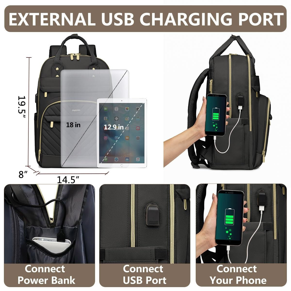 Stylish 18" Laptop Backpack for Women   Work & Travel Bag with USB Charger3