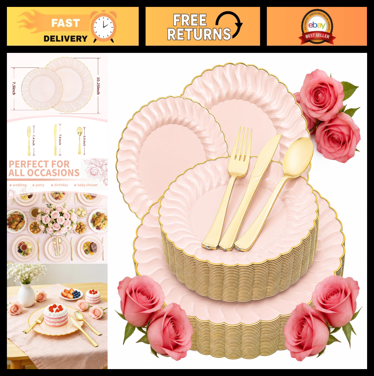125pcs Pink Scalloped Disposable Plates & Gold Silverware for Party, Baby Shower0
