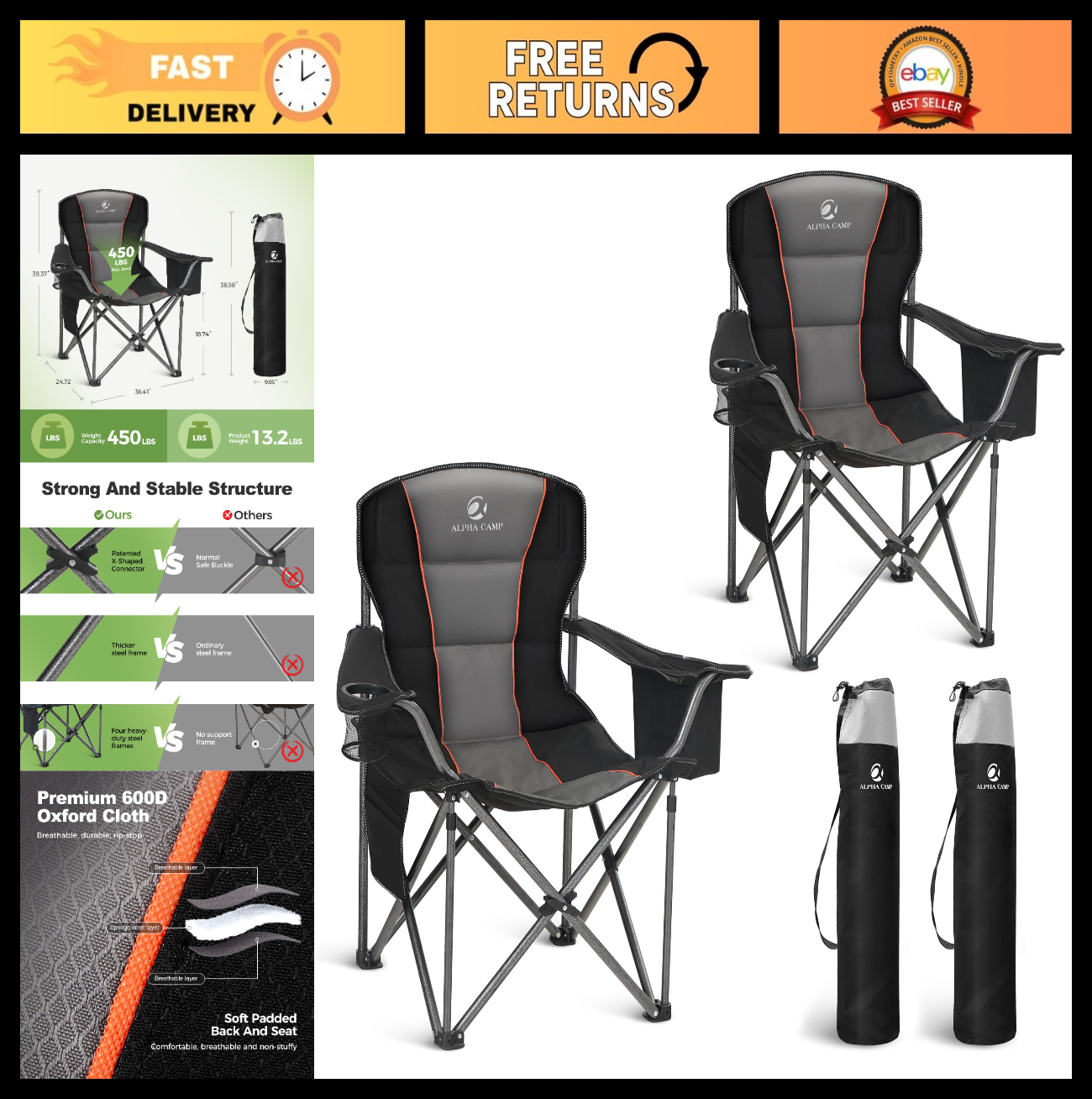 Oversized Heavy Duty Folding Camping Chair - Padded, Cup Holder, 450 lbs Capacit0