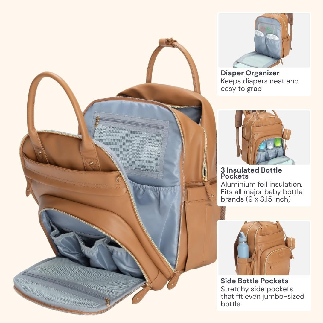 Multi Function Leather Diaper Bag Backpack   Water Resistant, Changing Pad, Stro5