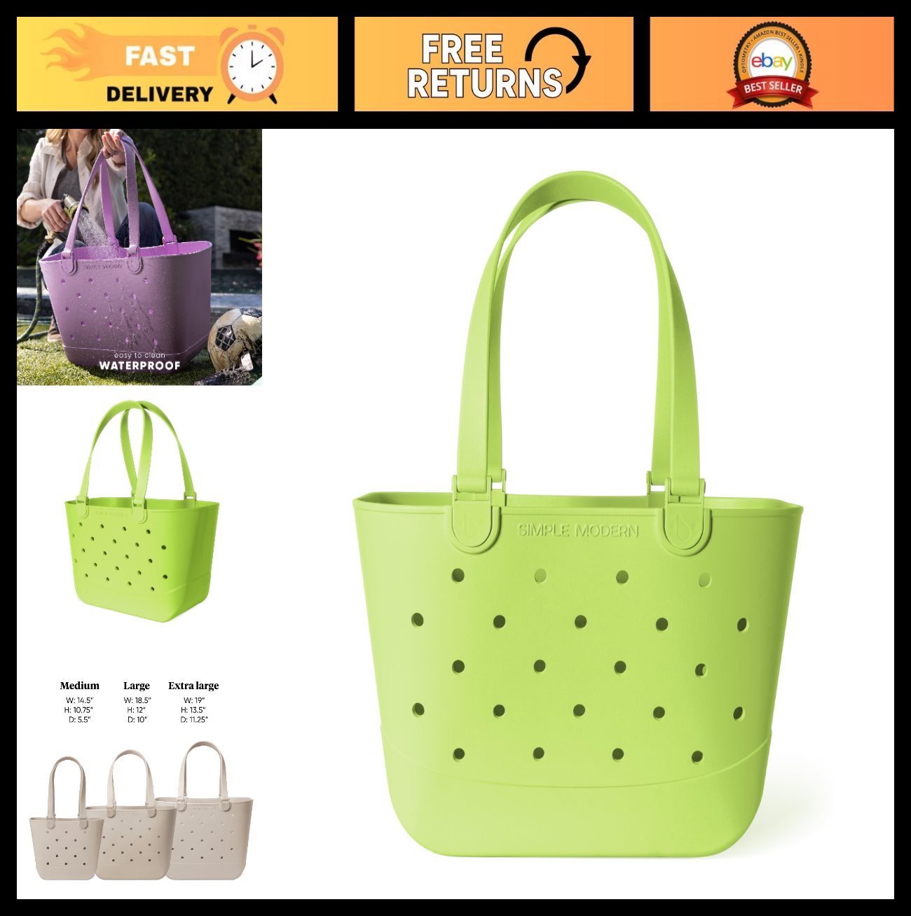 Large Waterproof Beach Tote Bag - Green Getaway Bag with Zipper Pocket, Ideal fo0