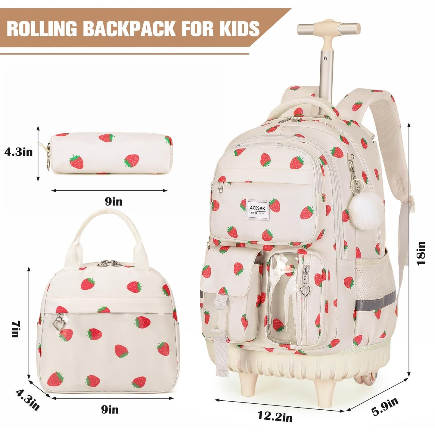 Rolling Backpack with Wheels for Girls, Lunch Bag & Pencil Pouch, School Travel2