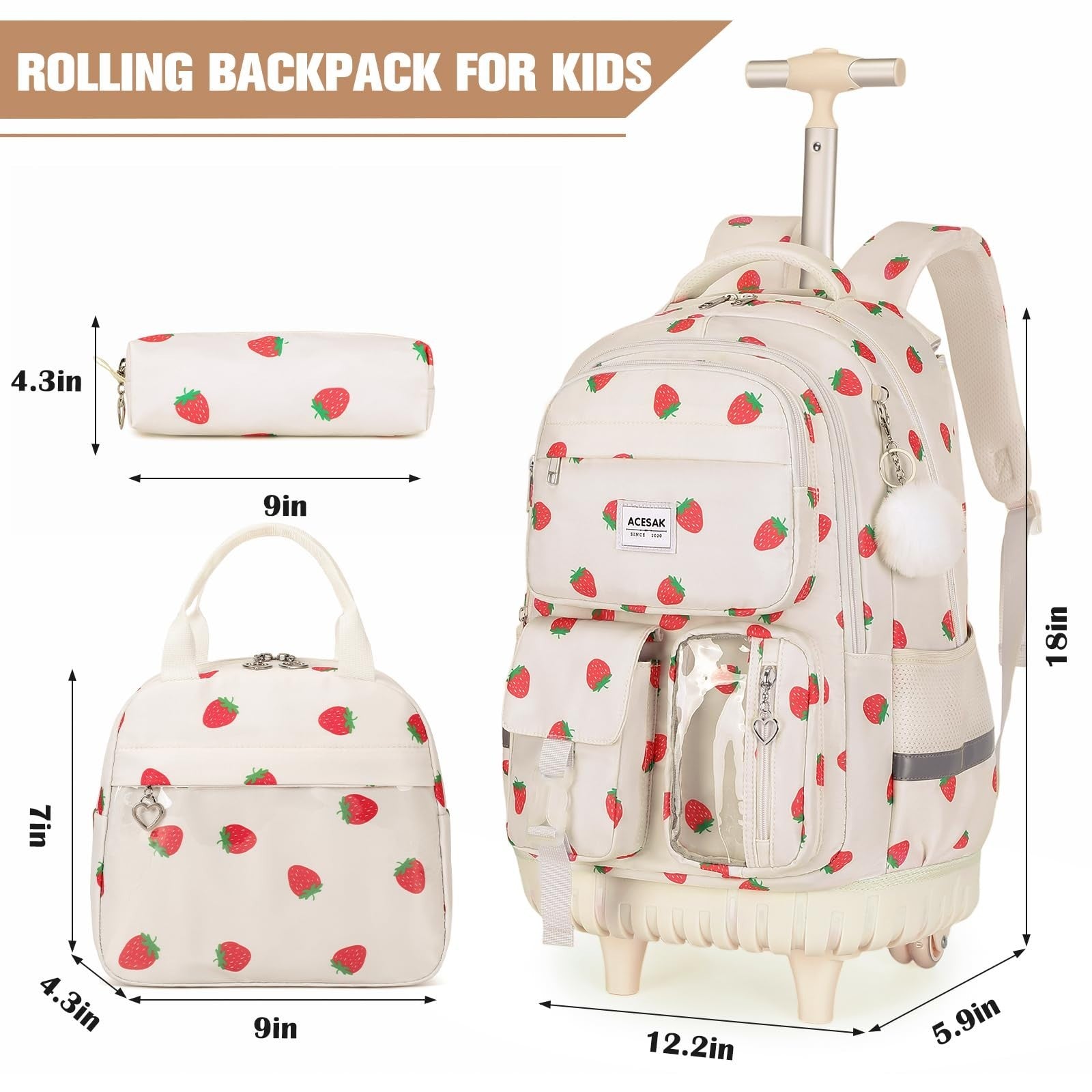 Rolling Backpack with Wheels for Girls, Lunch Bag & Pencil Pouch, School Travel2