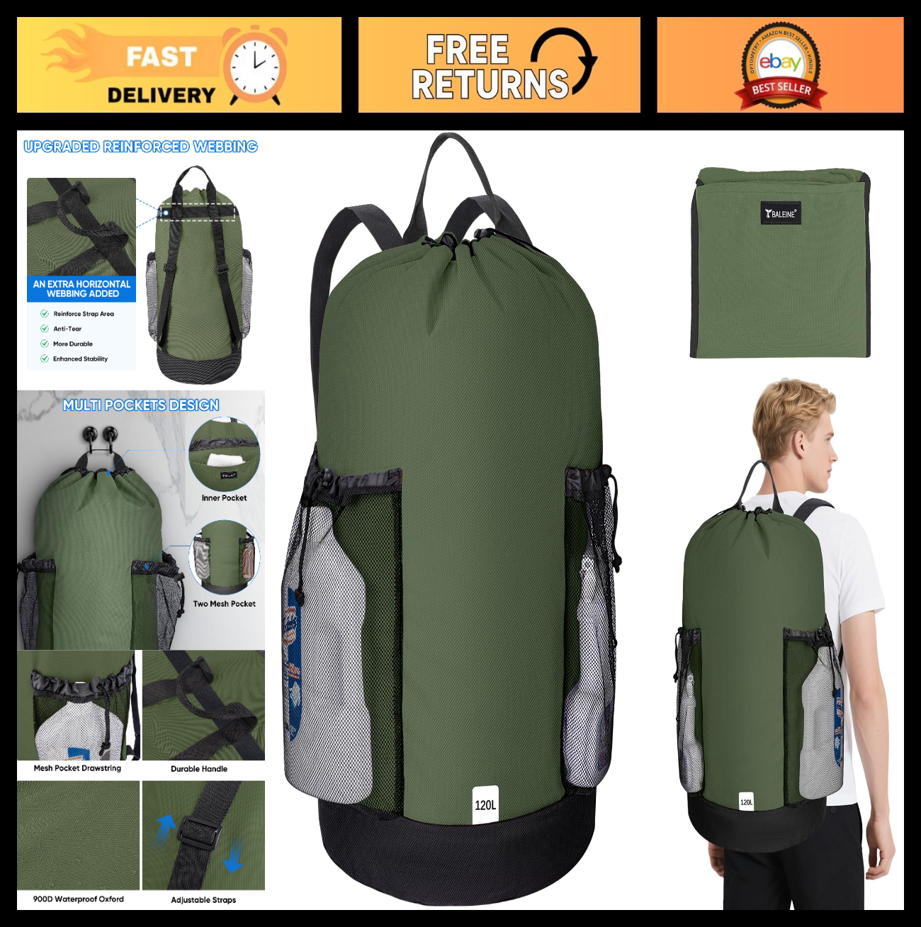 120L Large Laundry Backpack Bag - Durable 900D Oxford Fabric, Mesh Pockets, Trav0