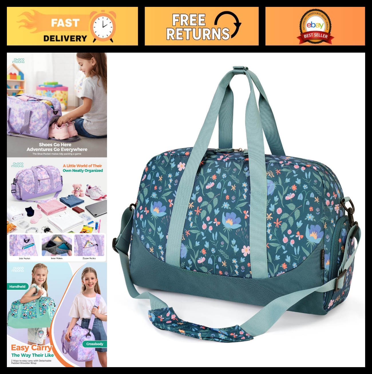 Floral Kids Duffle Bag with Shoe Compartment - Large Overnight Travel Bag, Green0