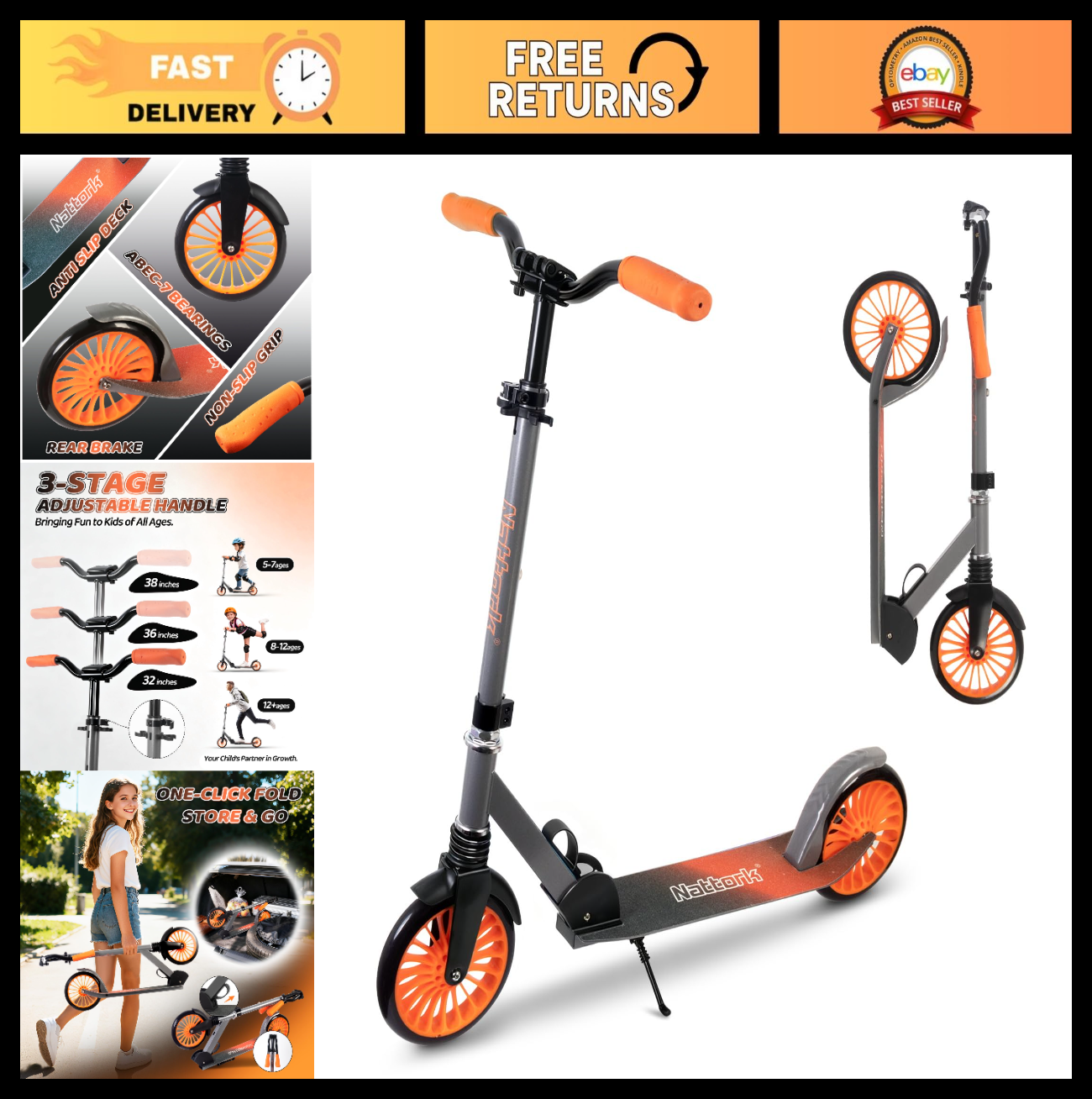 Adjustable Kick Scooter for Kids & Teens, 240 LBS Max Load, Foldable, 8" Wheels,0