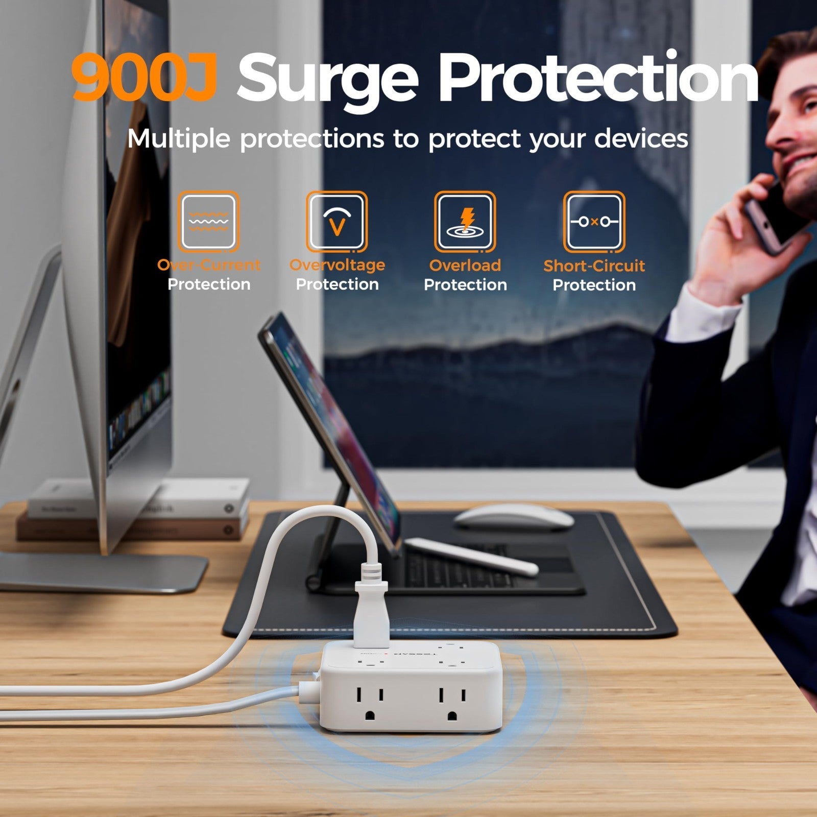 Surge Protector Power Strip 900J Protection, 10 Ft Extension Cord, White6