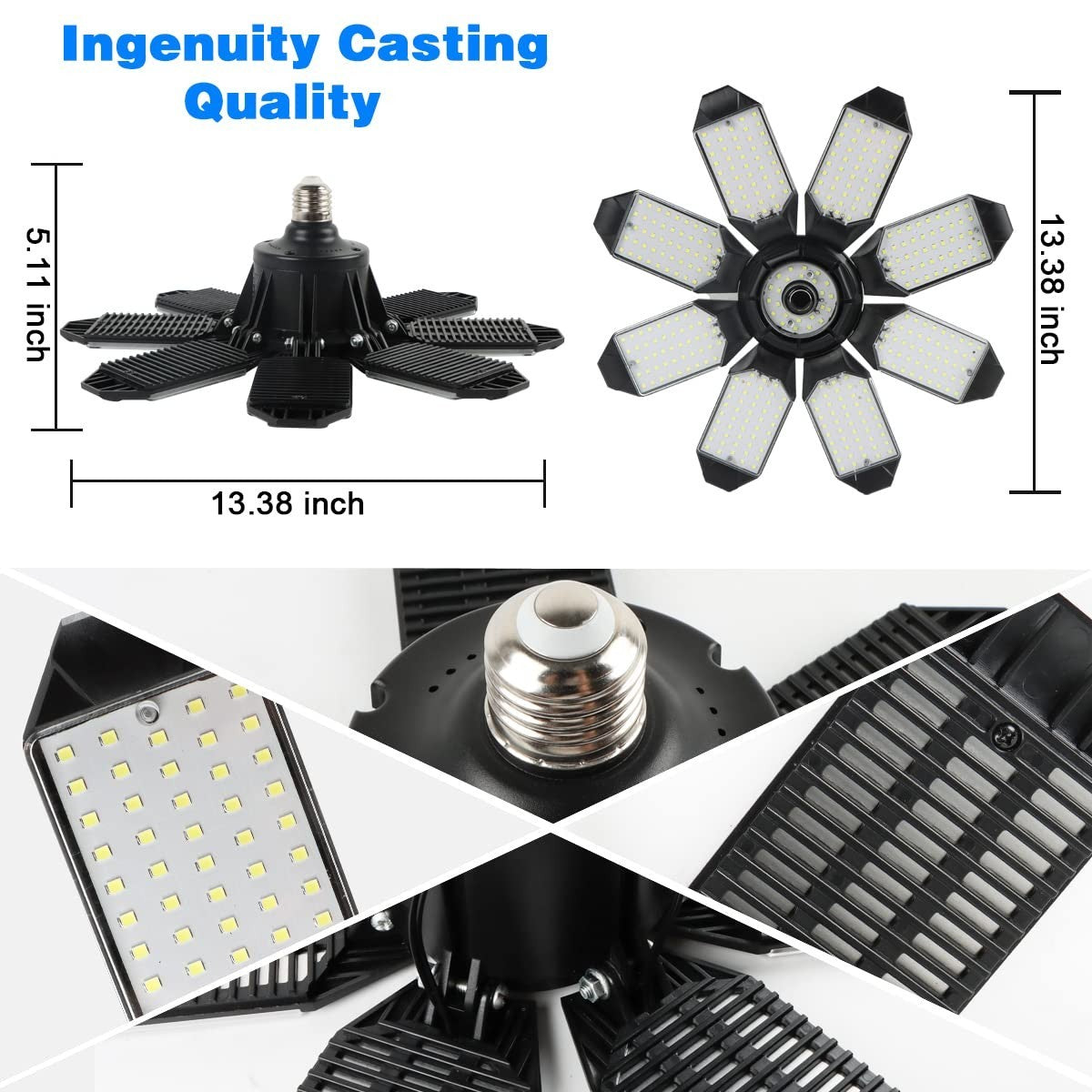 Ultra Bright 20,000LM Garage LED Light | 6500K Daylight, E26/E27, 8 Deformable P6