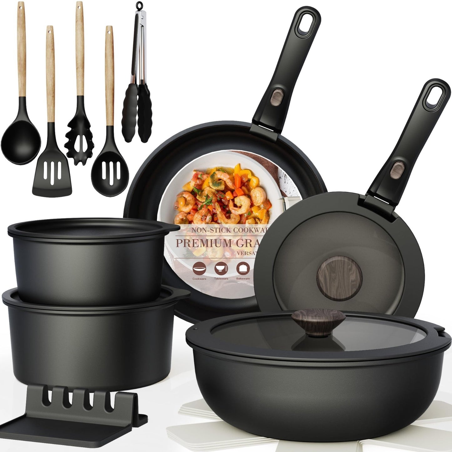 21 Piece Non Stick Ceramic Cookware Set, Detachable Handle, Oven Safe, Induction1