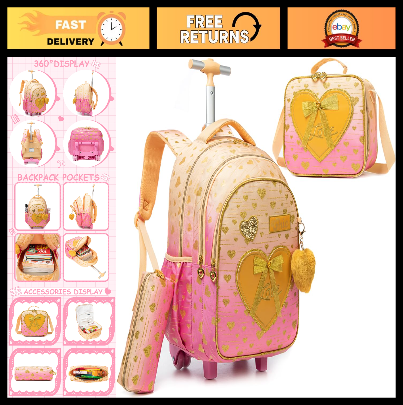 Rolling Backpack for Girls   Kids Wheeled Backpack with Lunch Box, 3 in 1 Travel0
