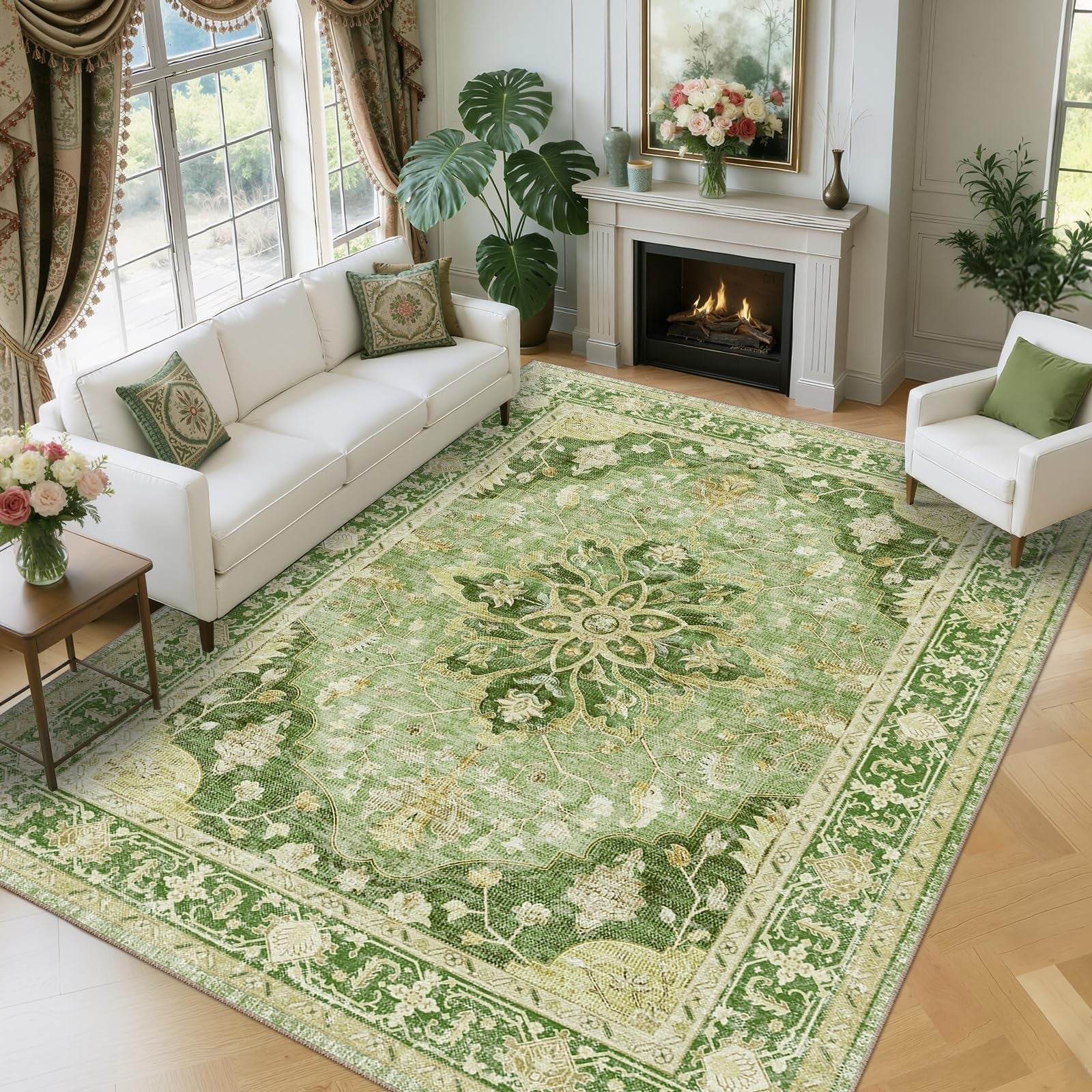 Washable 8'x10' Area Rug   Green/Yellow, Non Slip, Pet Friendly, Vintage Floral2