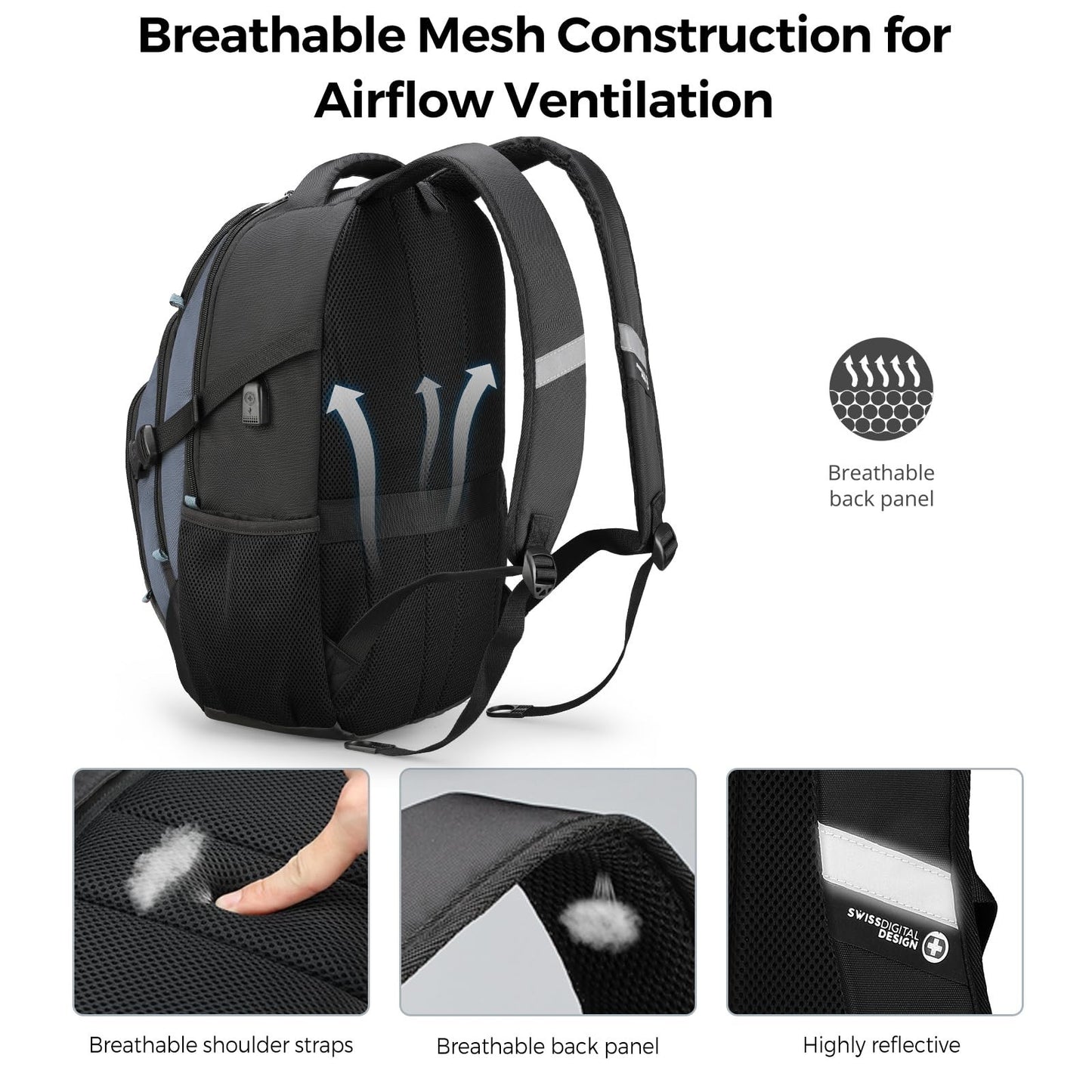 Stylish Travel Laptop Backpack with USB Charging Port, Fits 15.6" Computer, 31L5