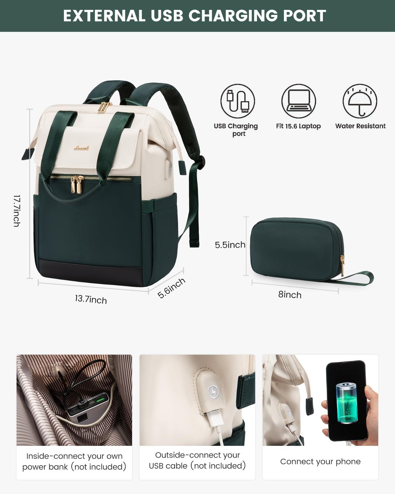 Stylish 15.6" Laptop Backpack for Women, USB Port, Waterproof Travel Bag, 2PCS2