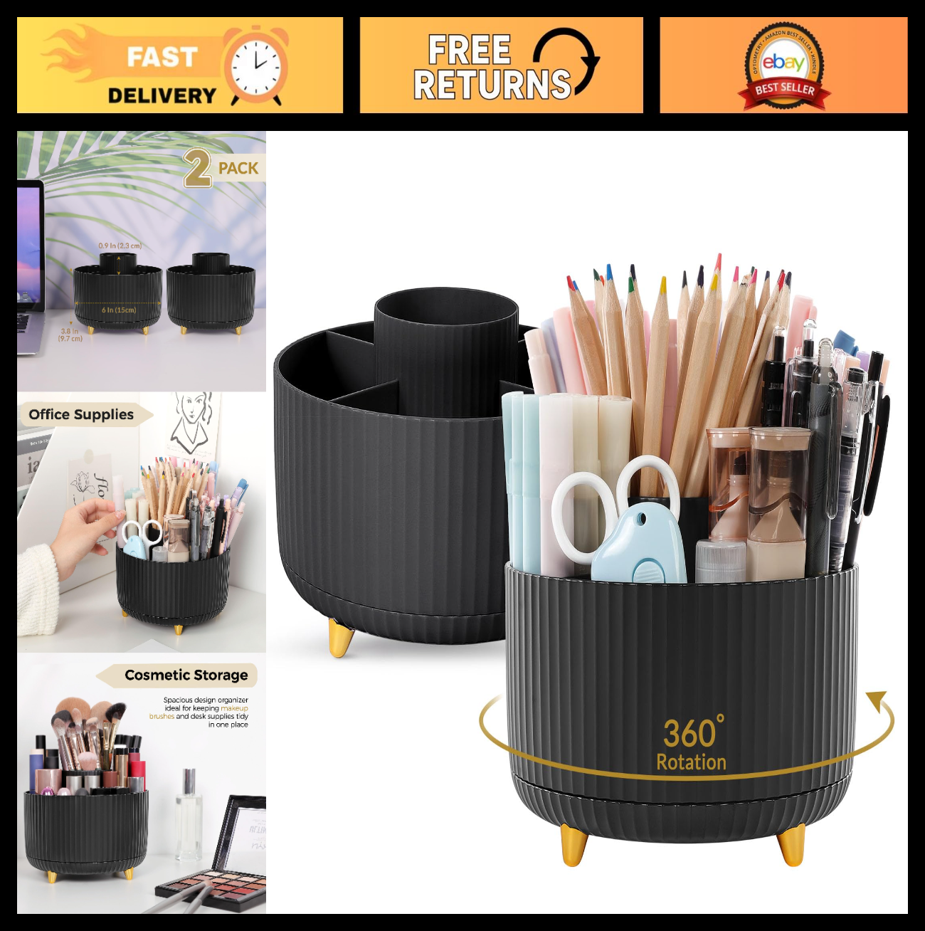 2 Pack 360° Rotating Pen Holder, Desk Organizer with 5 Slots, Office & School Su0