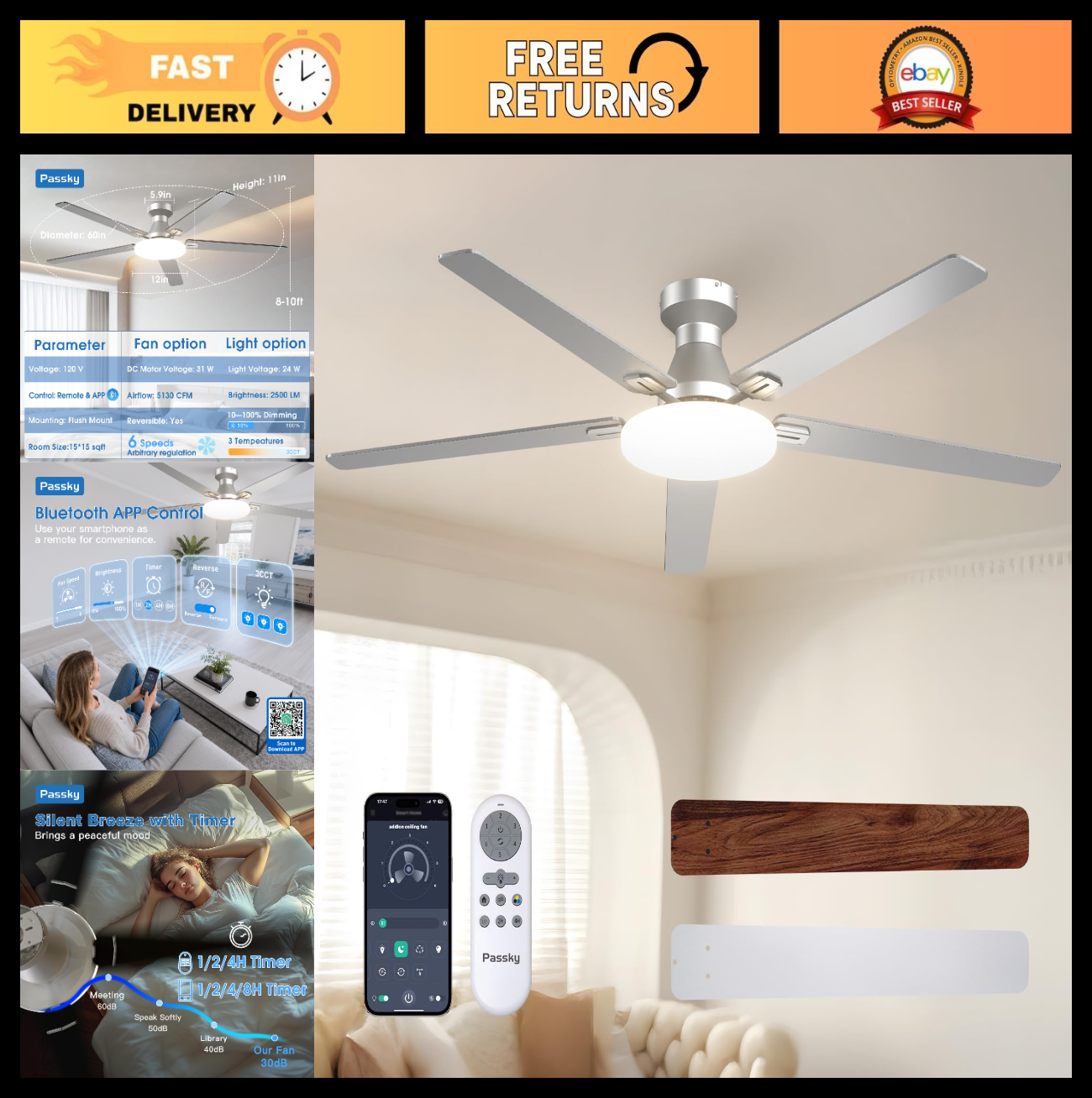 60" Silver Low Profile Ceiling Fan with Lights & Remote | Dimmable, Quiet DC Mot0