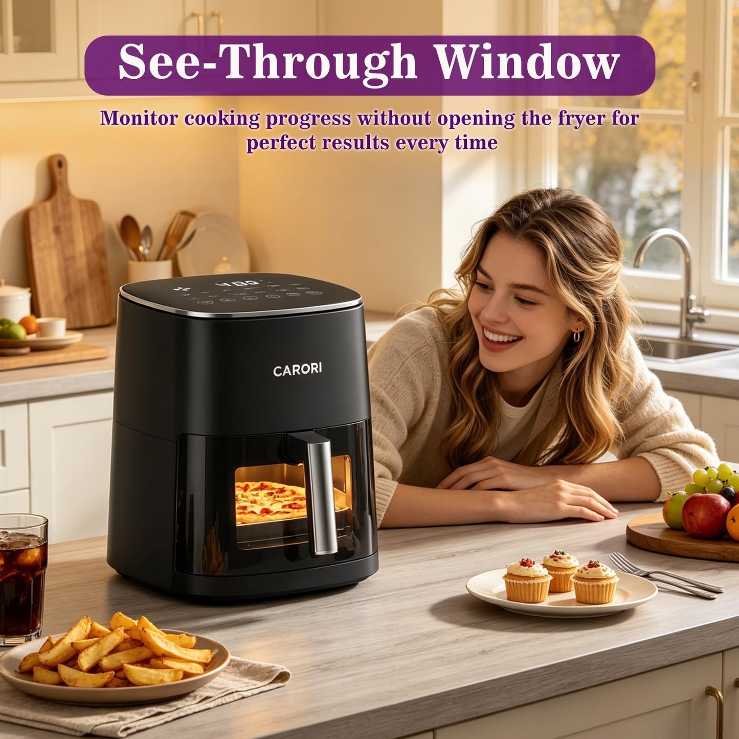 6Qt Air Fryer with Viewing Window, 12 Presets, 1700W, Nonstick Basket, Large Cap2