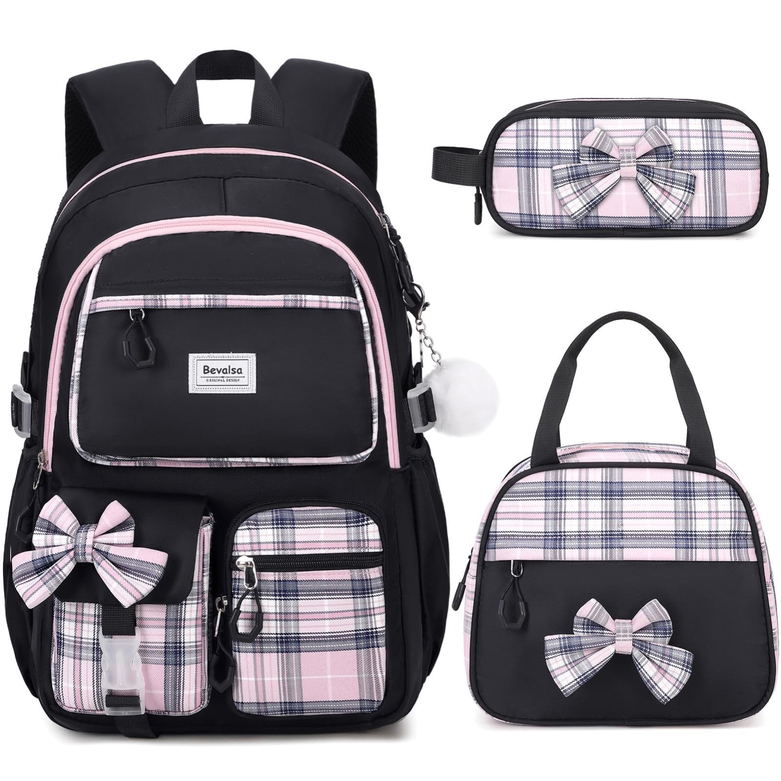 Cute Bow Backpack for Girls   School Bag with Lunch Bag & Pen Case, Stylish & Fu1