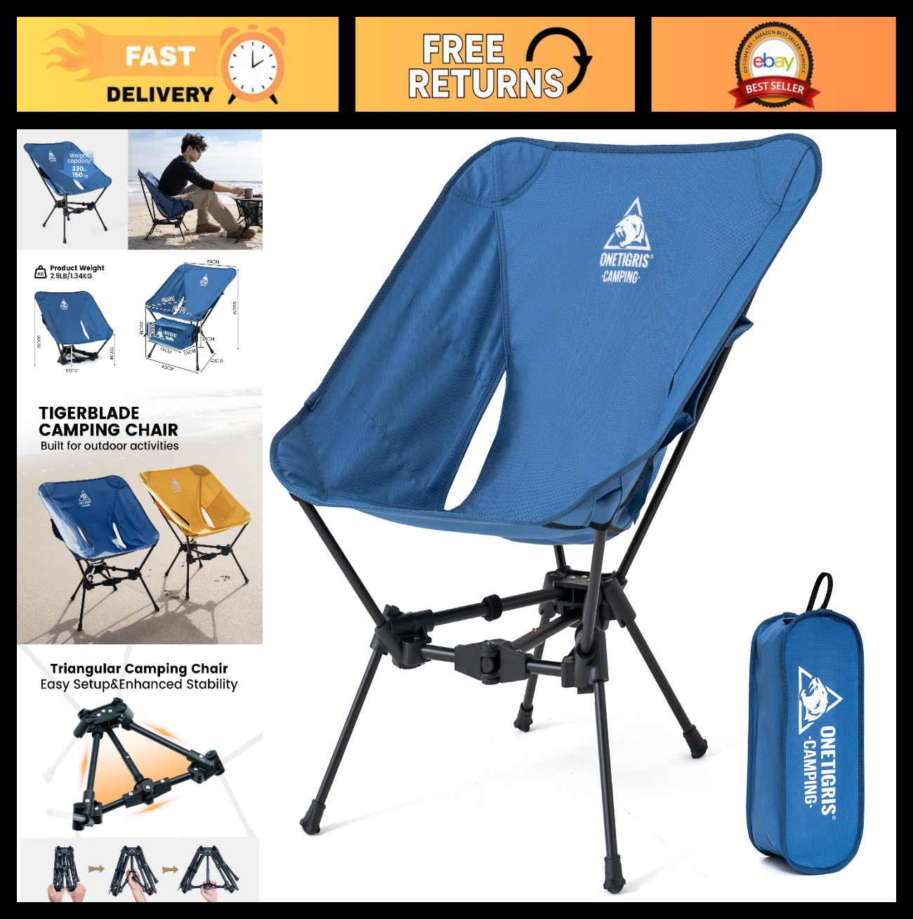 Lightweight Folding Camping Chair - Portable Backpacking Chair, 330 lbs Capacity0