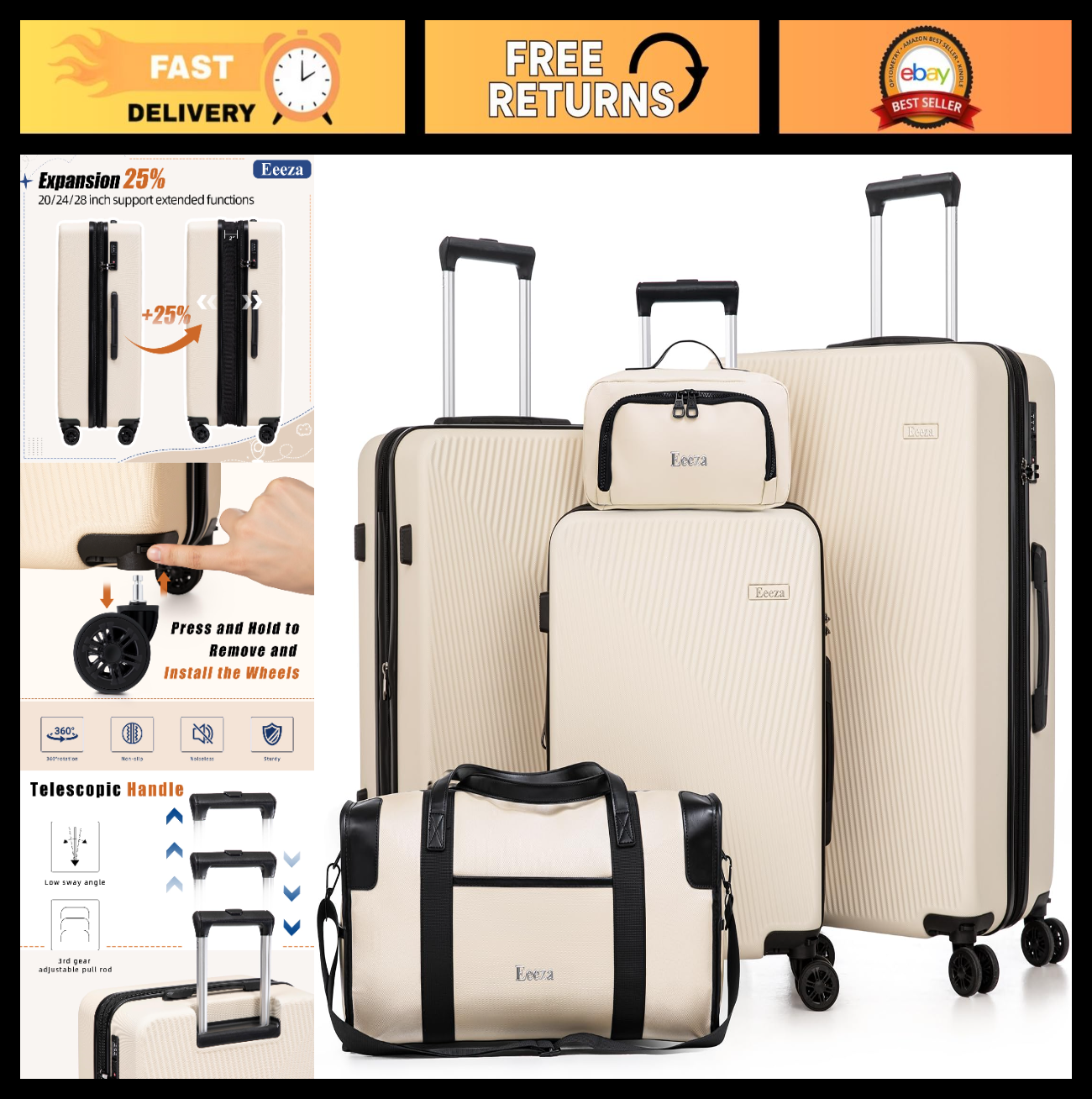 5-Piece Hardshell Luggage Set with TSA Lock, Spinner Wheels, Water-Repellent, Er0