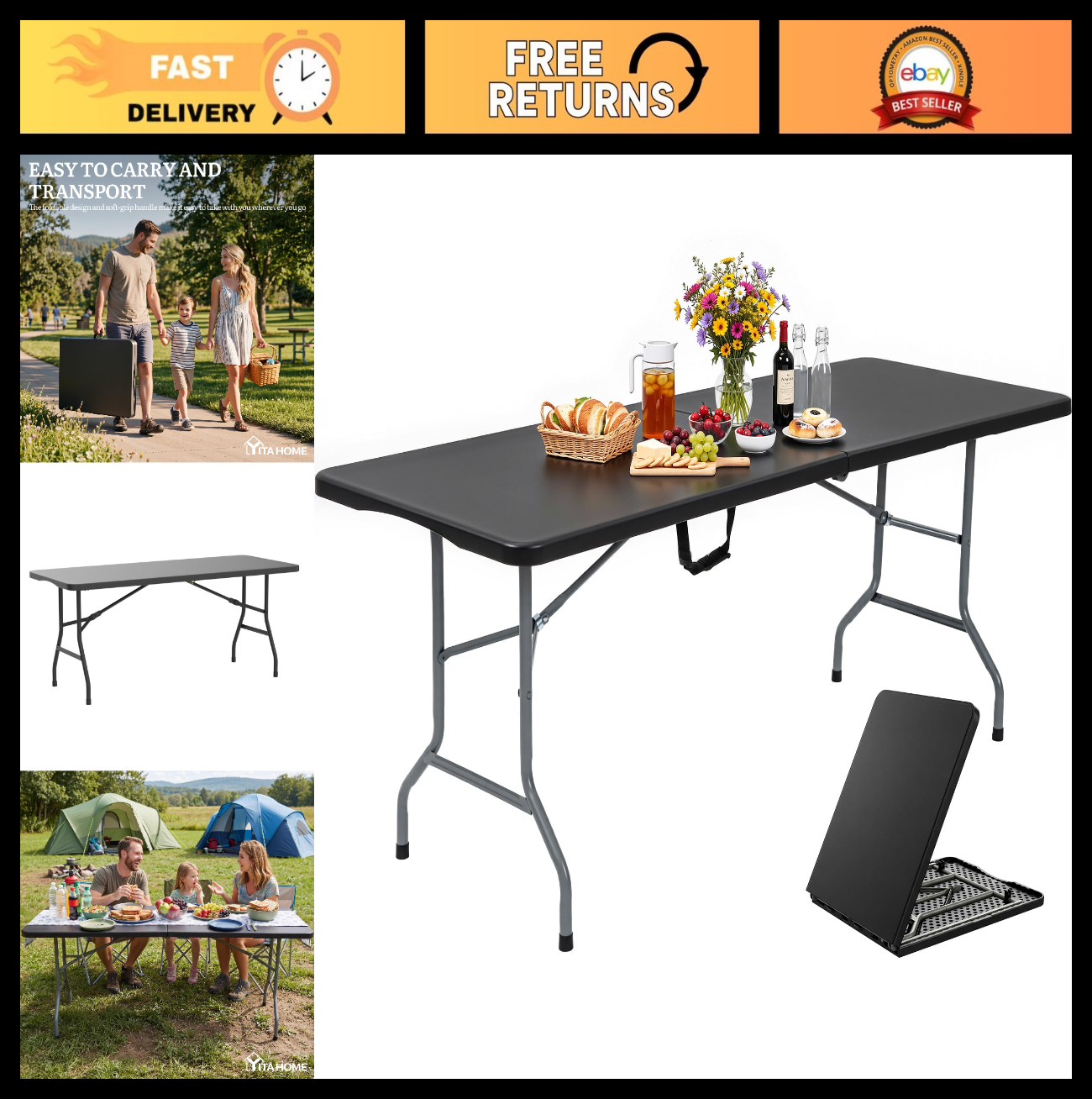 Heavy Duty 6ft Folding Table with Carrying Handle - Portable for Outdoor & Indoo0