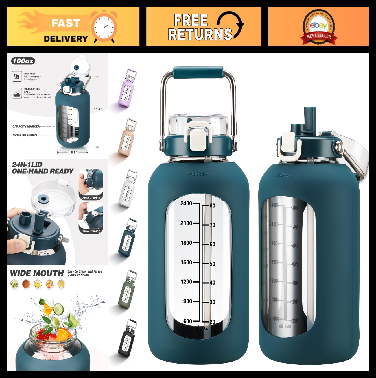 100oz BPA-Free Glass Water Bottle with Time Marker & Silicone Sleeve - Large 3L0