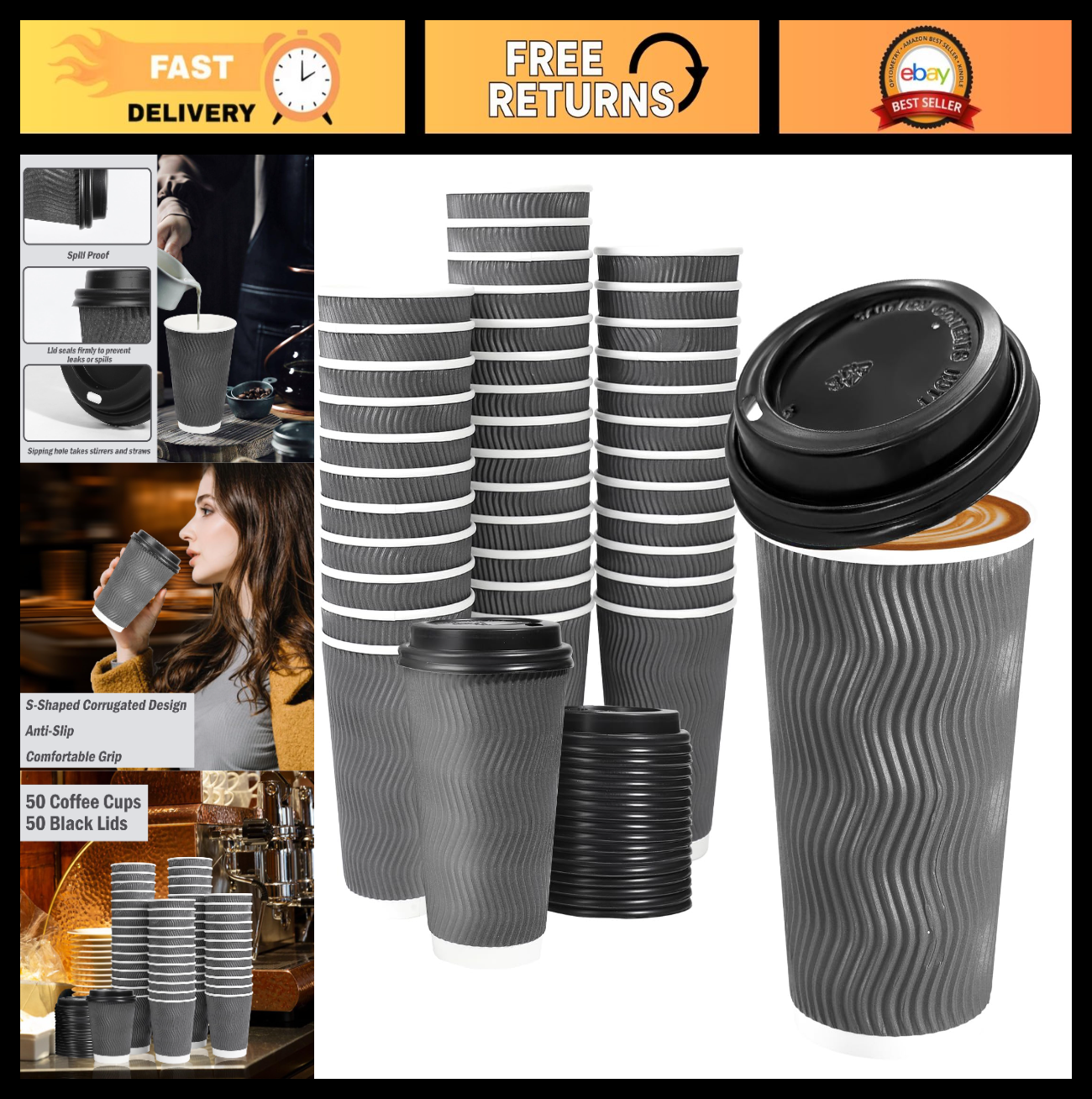 50 Pack 16 oz Insulated Disposable Coffee Cups with Lids   Hot Drink To Go, Ripp0