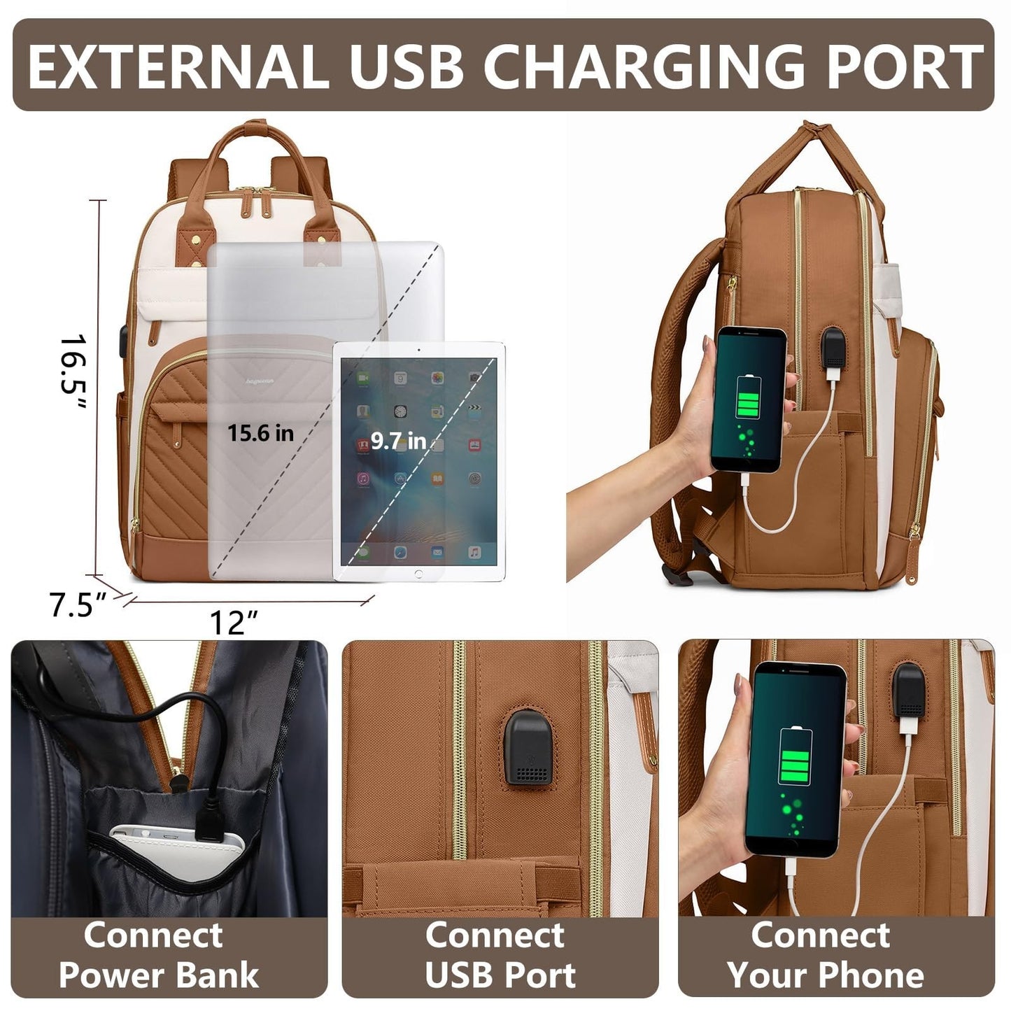 Stylish 15.6" Laptop Backpack for Women   Waterproof Travel Bookbag with USB Cha3