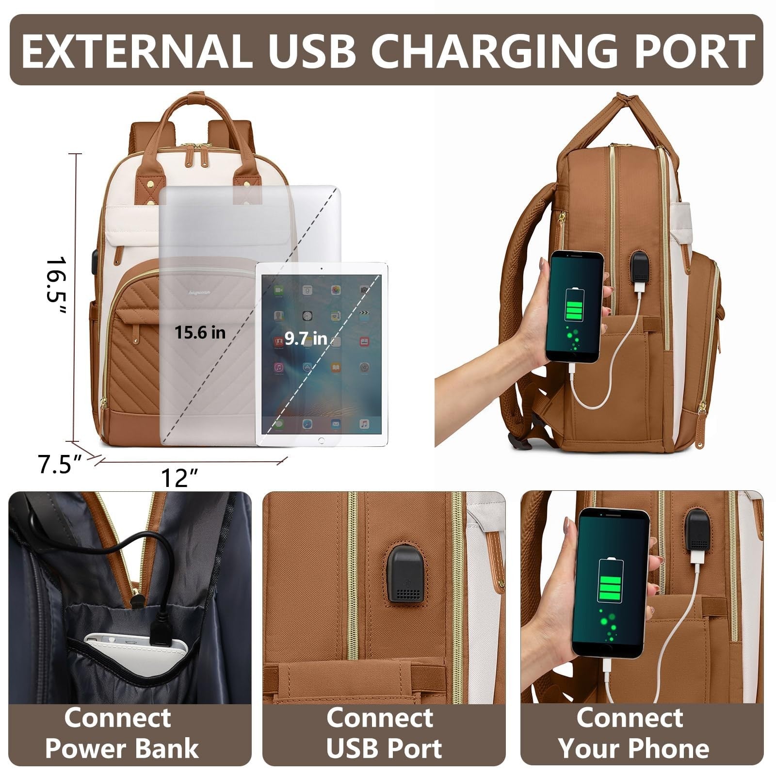 Stylish 15.6" Laptop Backpack for Women   Waterproof Travel Bookbag with USB Cha3