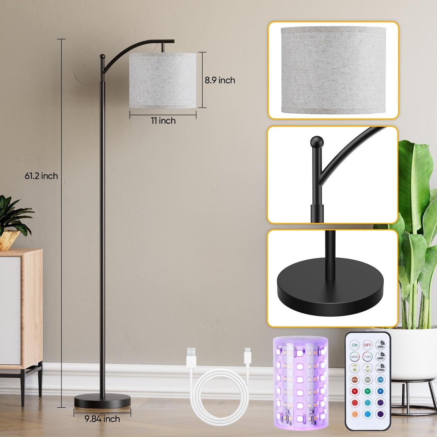 Dimmable RGB Battery Operated Floor Lamp with Remote Control   Cordless Tall Lam6
