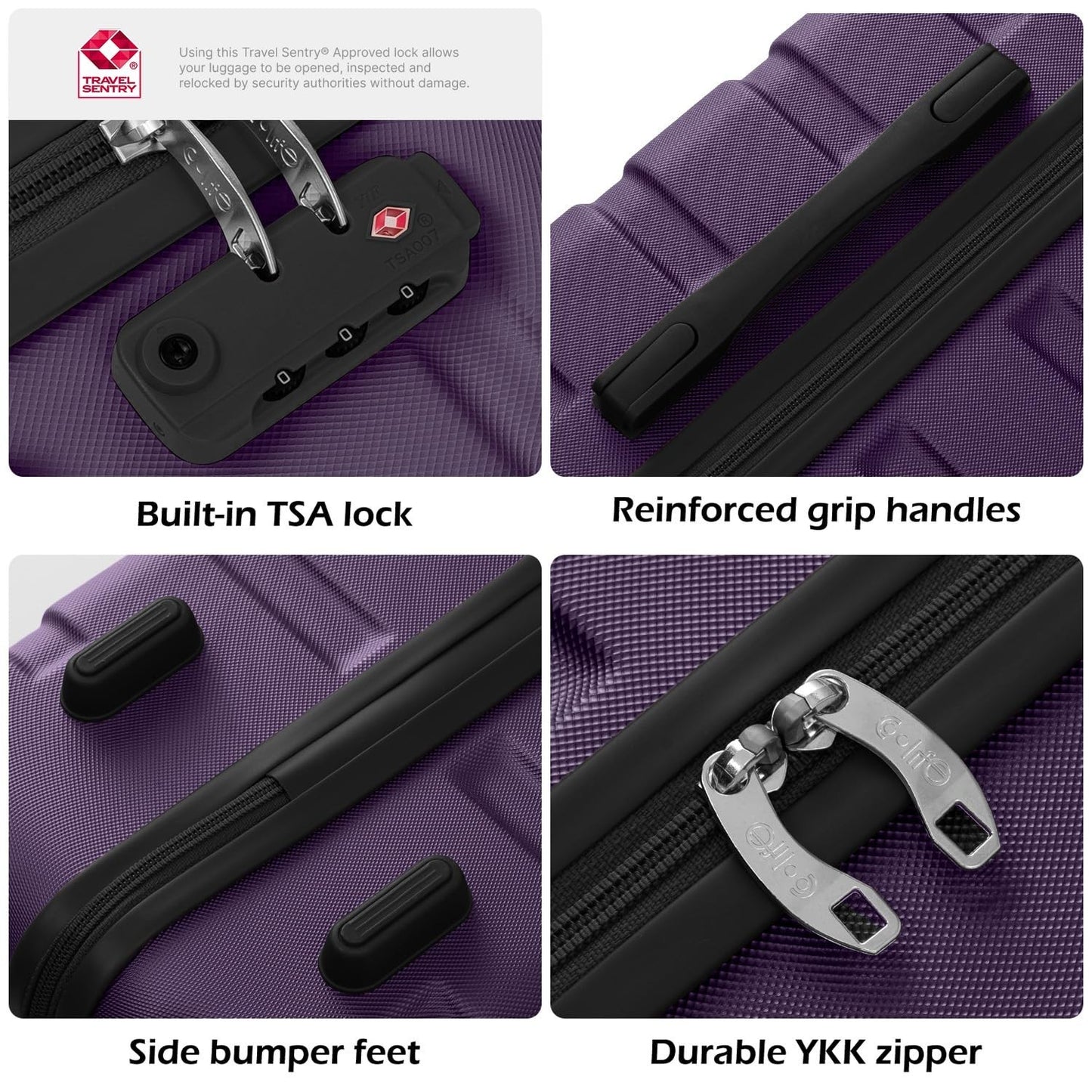 Lightweight Hardshell Luggage Set, 3-Piece Spinner Suitcase, TSA Lock, Purple 203