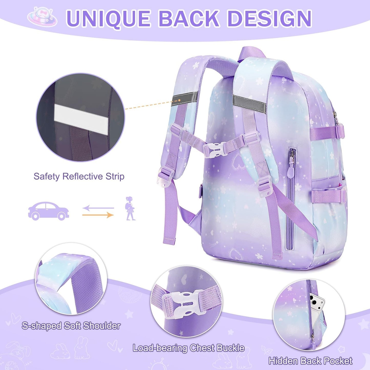 Kawaii Bunny Girls Backpack Set, 4PCS School Bags with Tote, Lunch Box & Pencil4