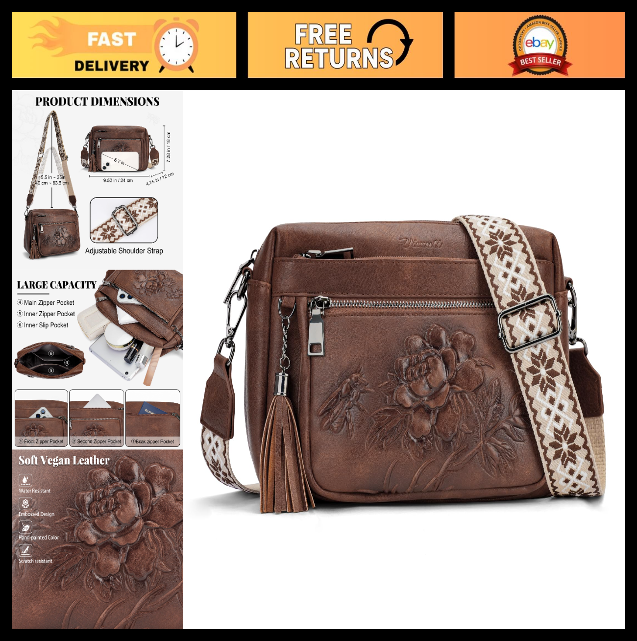 Vegan Leather Crossbody Bag for Women, Stylish Embossed Purse, Fashion Handbag0