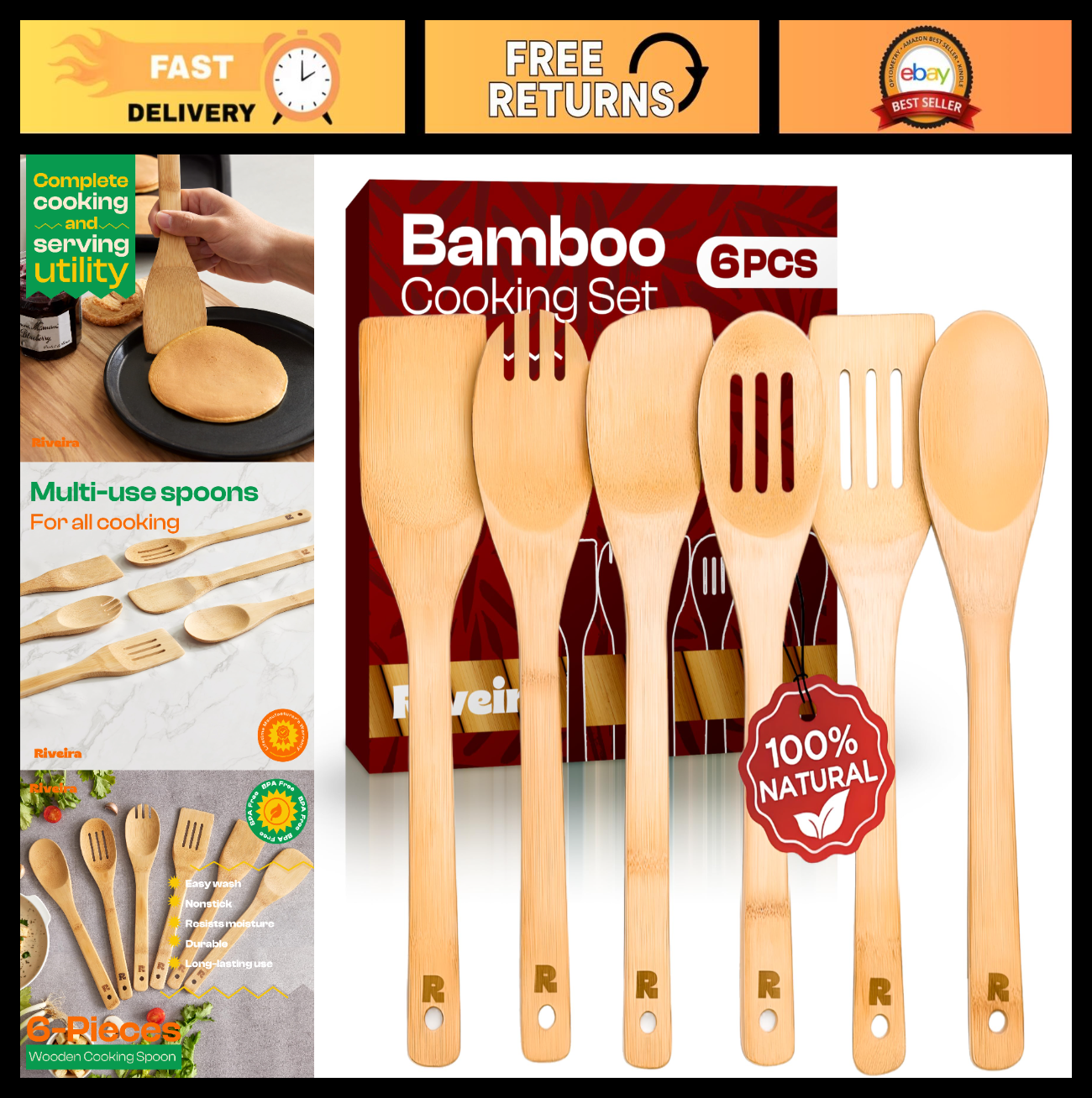 6 Piece Bamboo Cooking Utensils Set   Wooden Spoons & Spatulas for Kitchen Essen0