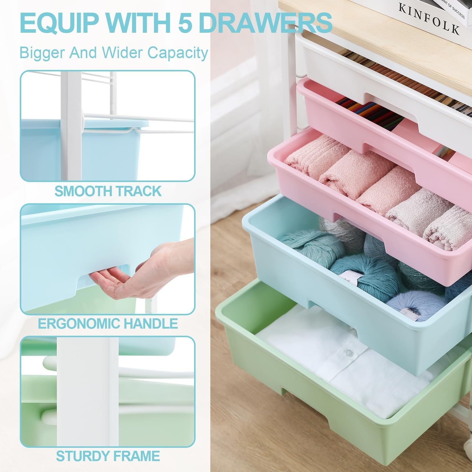 5 Drawer Utility Cart with Wooden Top, Rolling Storage Trolley with Lockable Whe3