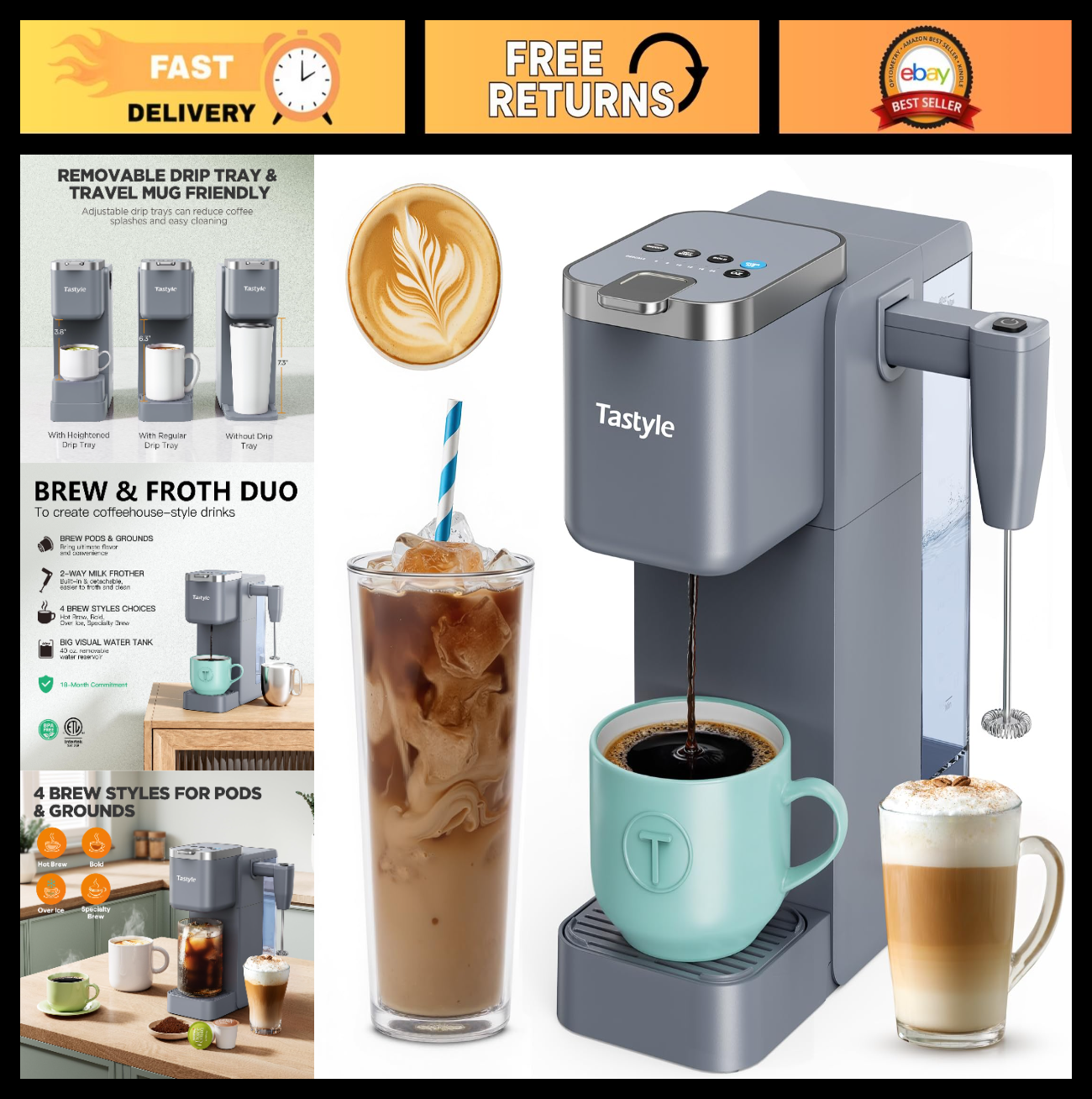 Single Serve Coffee Maker with Milk Frother, 40oz Tank, 6 Brew Sizes, BPA Free0