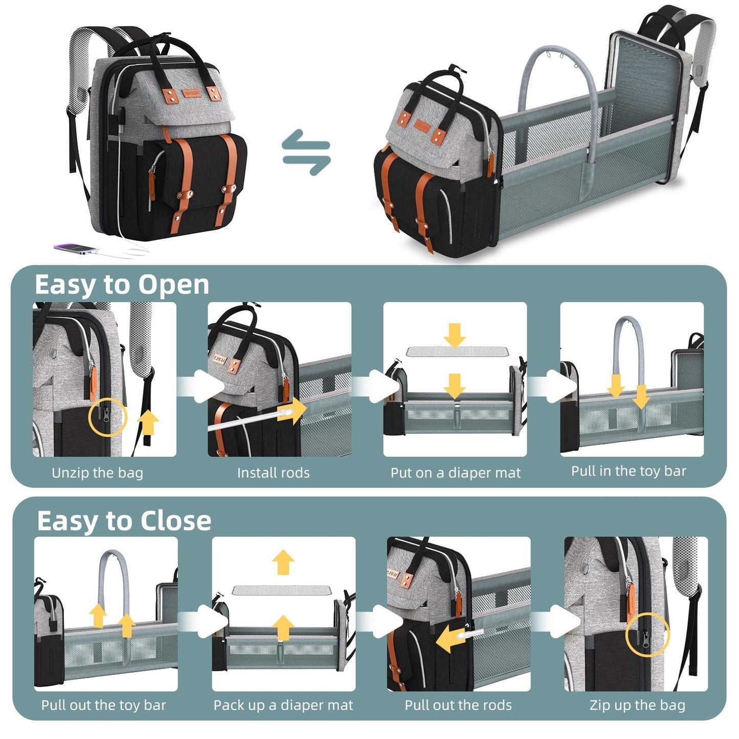 Diaper Bag Backpack with Changing Station   Stylish Baby Diaper Bag, Grey/Black4