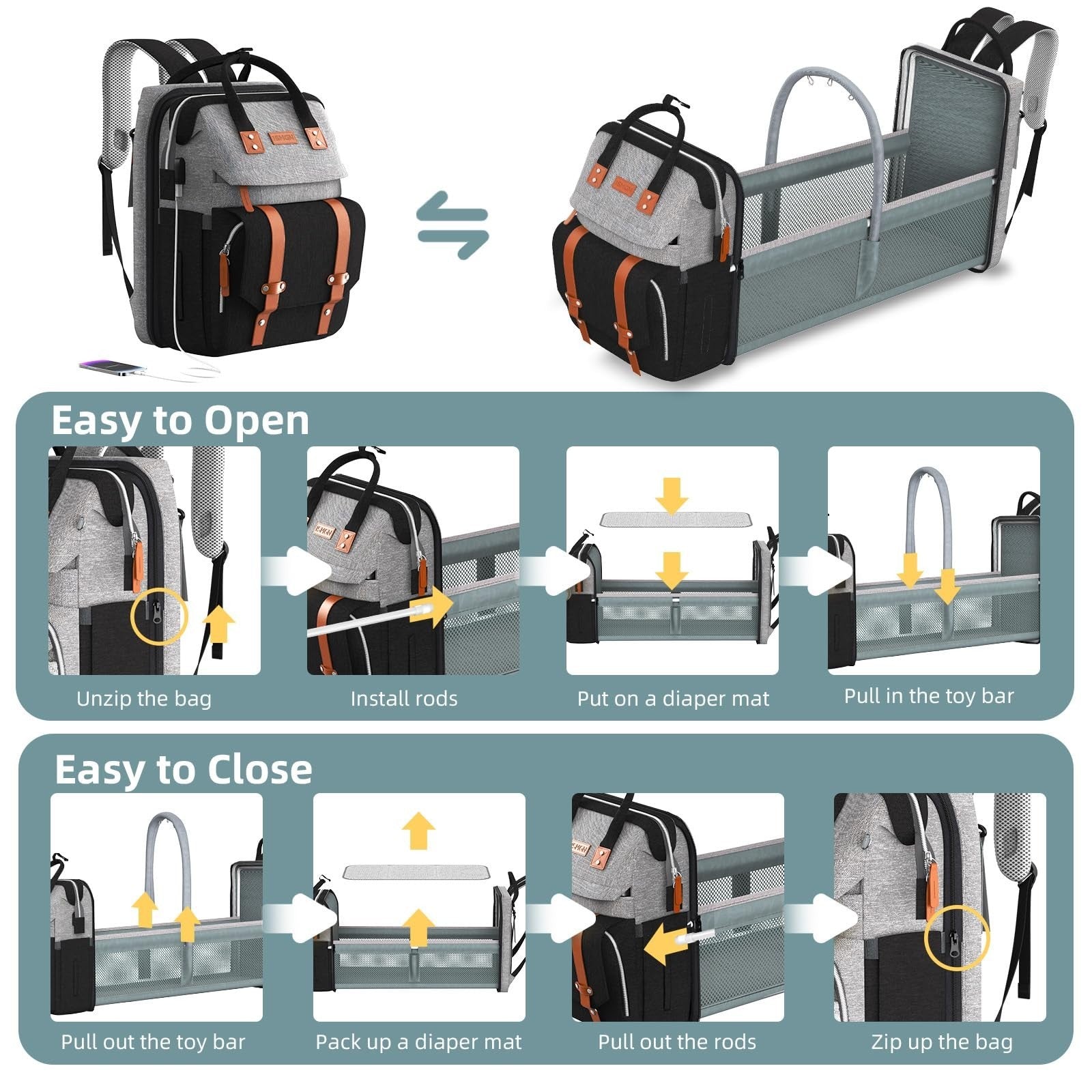 Diaper Bag Backpack with Changing Station   Stylish Baby Diaper Bag, Grey/Black4