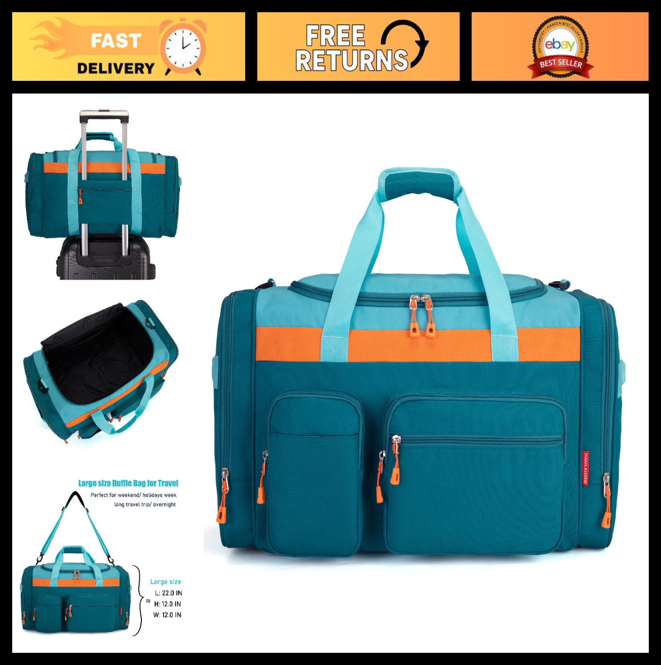 Spacious Teal Blue Kids Duffle Bag for Travel, Overnight, Weekend - 22"x12"x12"0