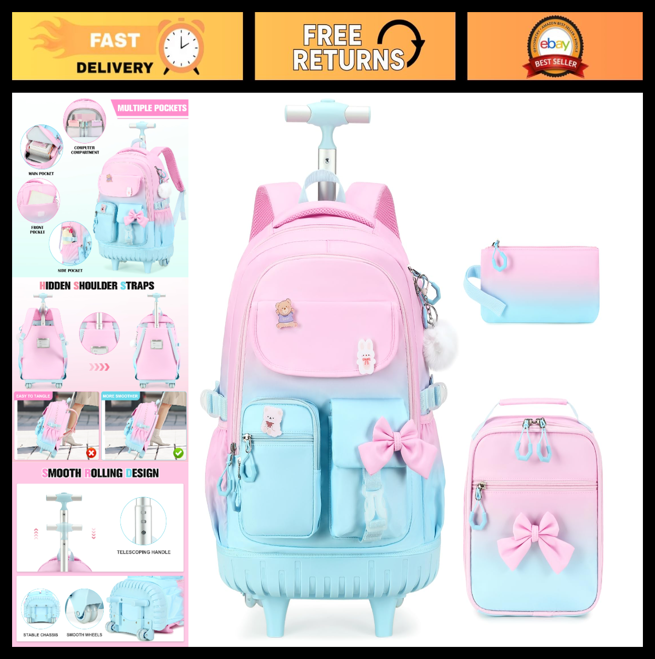 Rolling Backpack for Girls   Wheeled School Bag with Lunch Bag & Pencil Pouch, P0