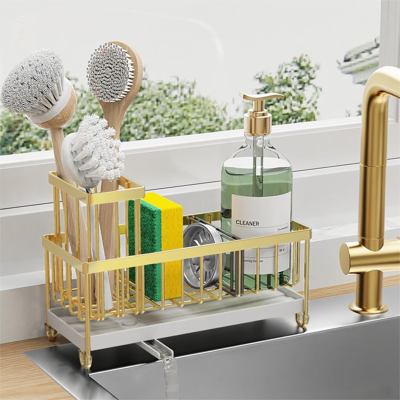 Kitchen Sink Sponge Holder Caddy Organizer, Rustproof 304 Stainless Steel, Gold,1