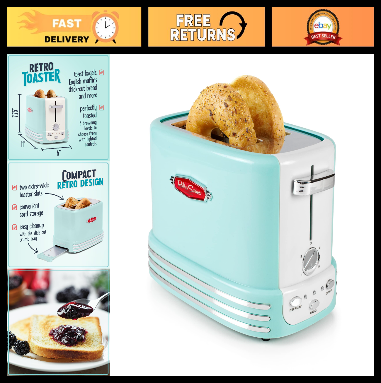 Wide 2 Slice Toaster for Bread, Bagels & Muffins   5 Browning Levels, Aqua0
