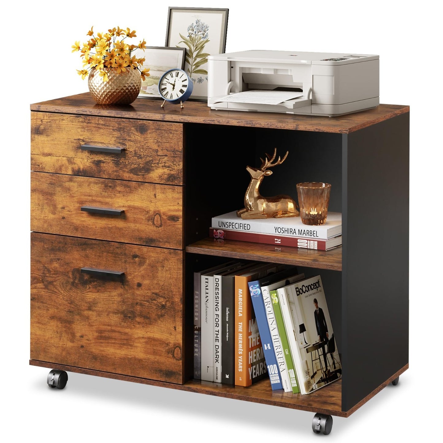 3 Drawer Mobile File Cabinet   Rustic Brown Lateral Filing, Rolling Printer Stan1